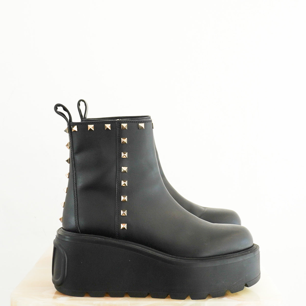 Side: Valentino Garavani Black Leather Rockstud Platform Ankle Boots