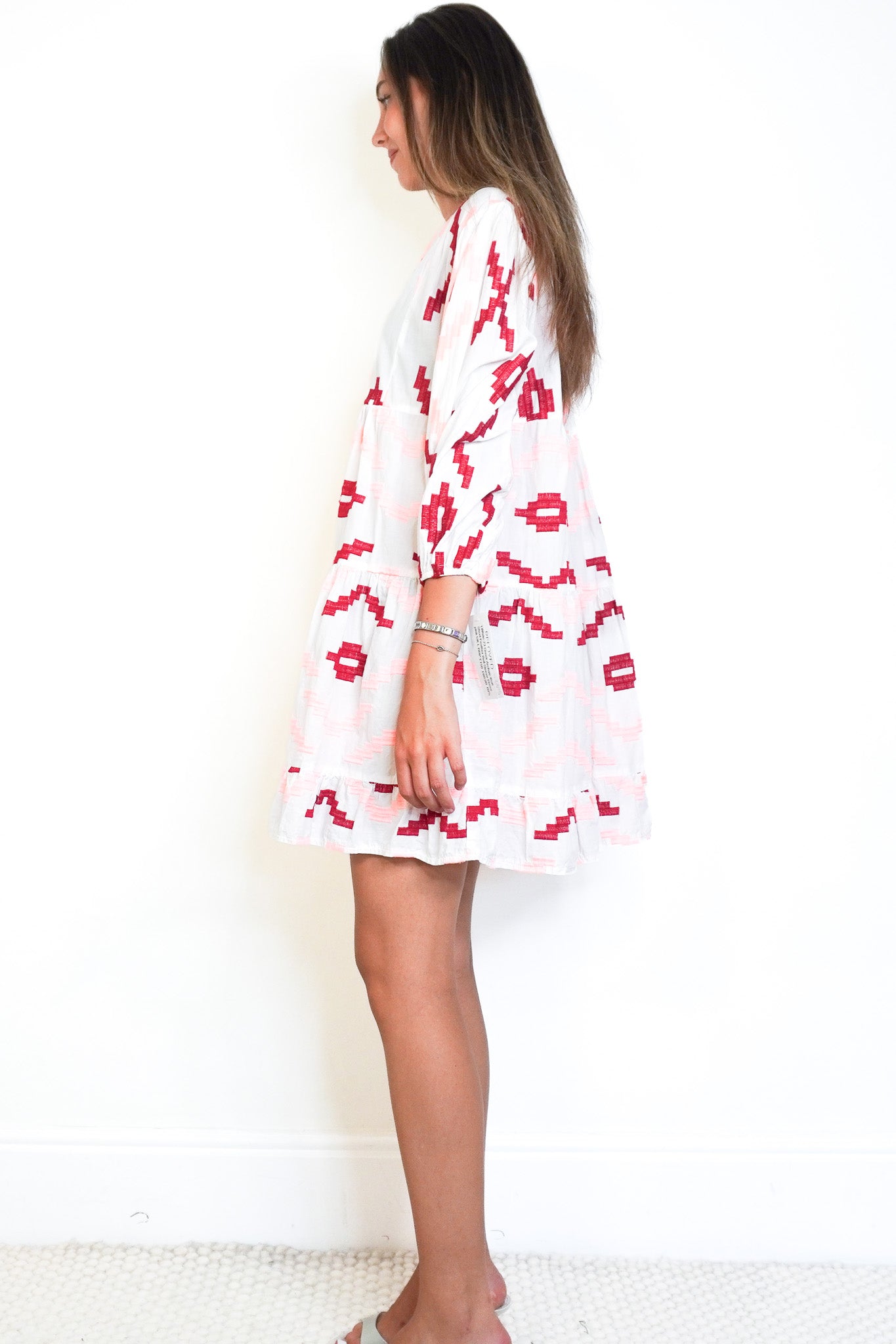 Side image Greek Archaic Kori White & Red Embroidered Dress
