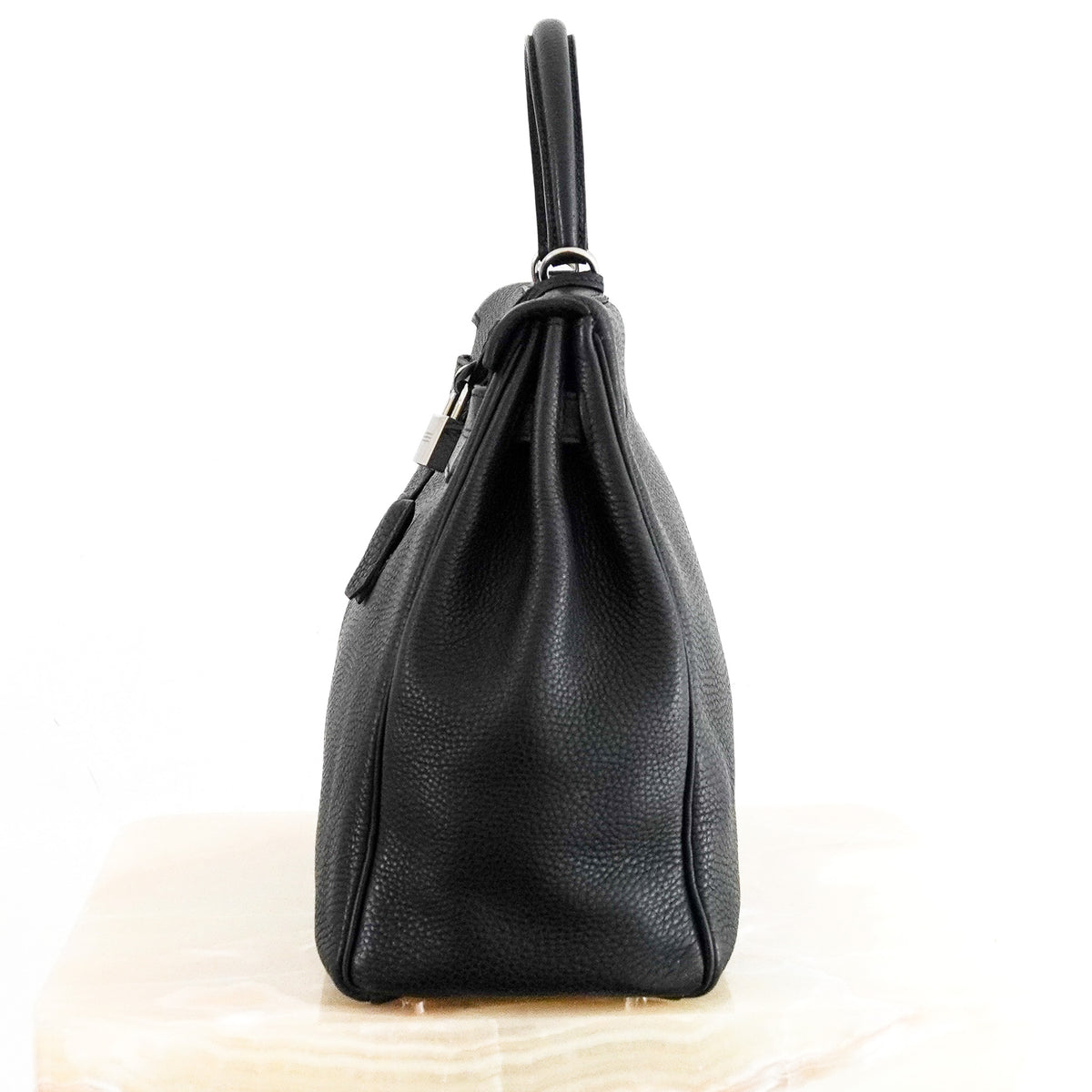 Side Hermès Kelly 35 Bag (2006) in Noir Togo Leather and Palladium Hardware