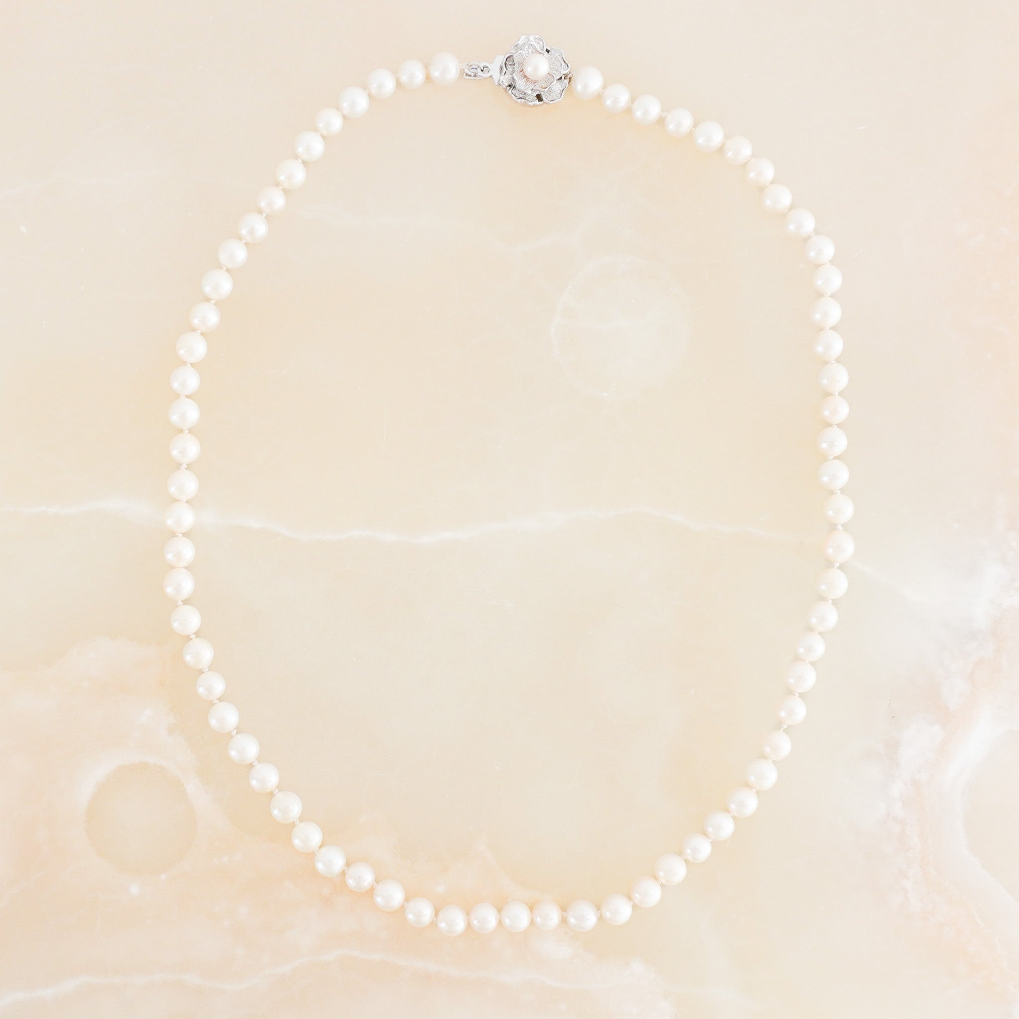 Side image Japanese Vintage Pearl Necklace with Silver Floral Clasp