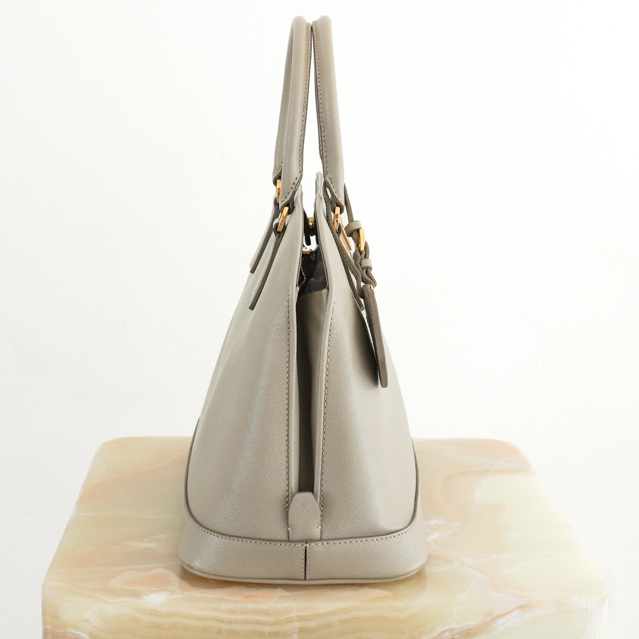 Side image of Prada Double Saffiano Leather Tote in Grey 