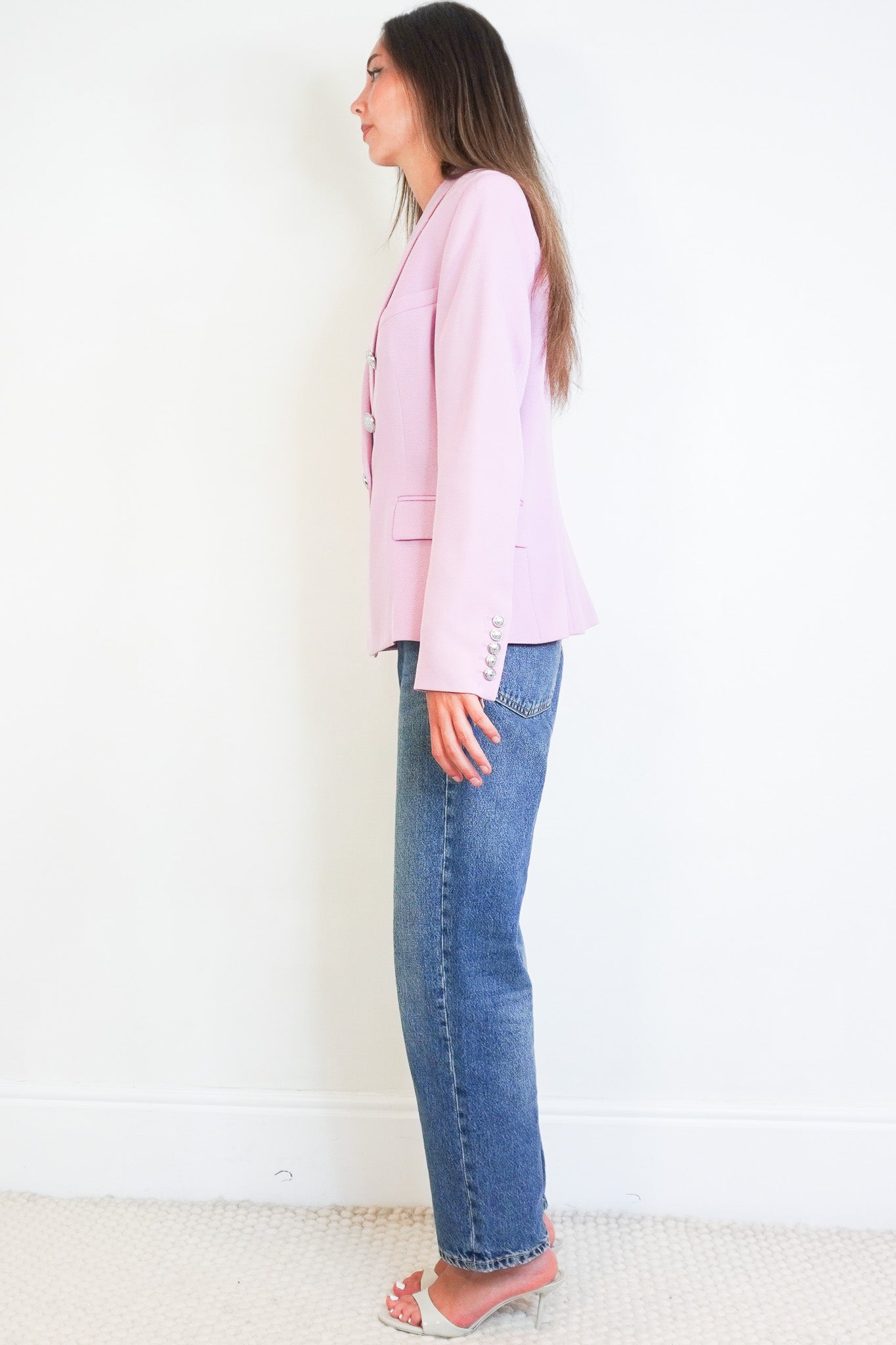 Side image of the Balmain Double Breasted Pink Wool Blazer 