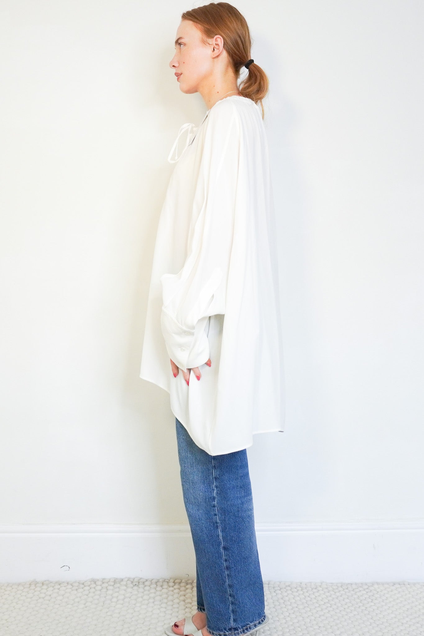 Side image of the Celine White Tie Blouse 