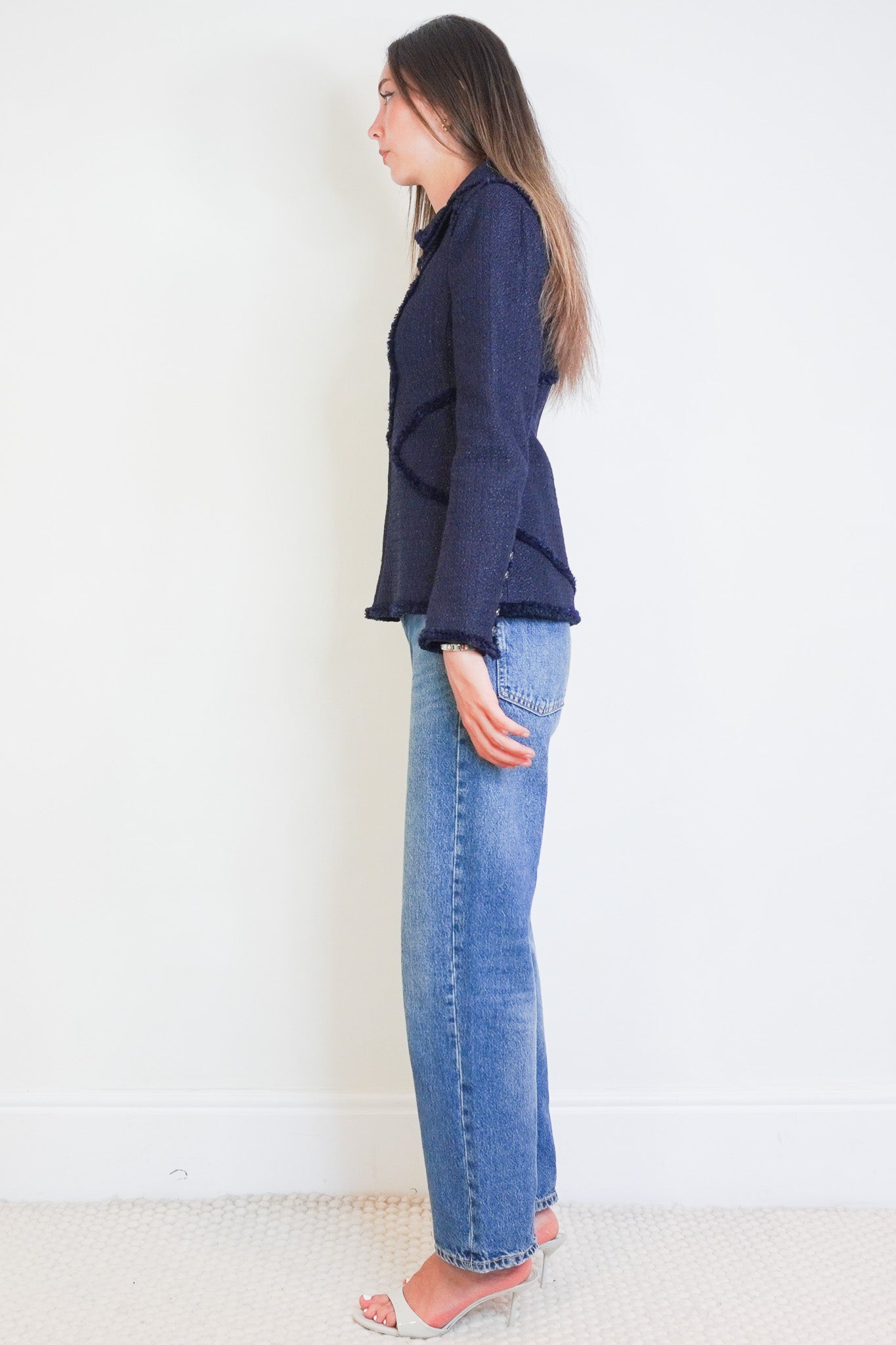 Side image of the Chanel Navy Blue Boucle Zip Jacket 2009 