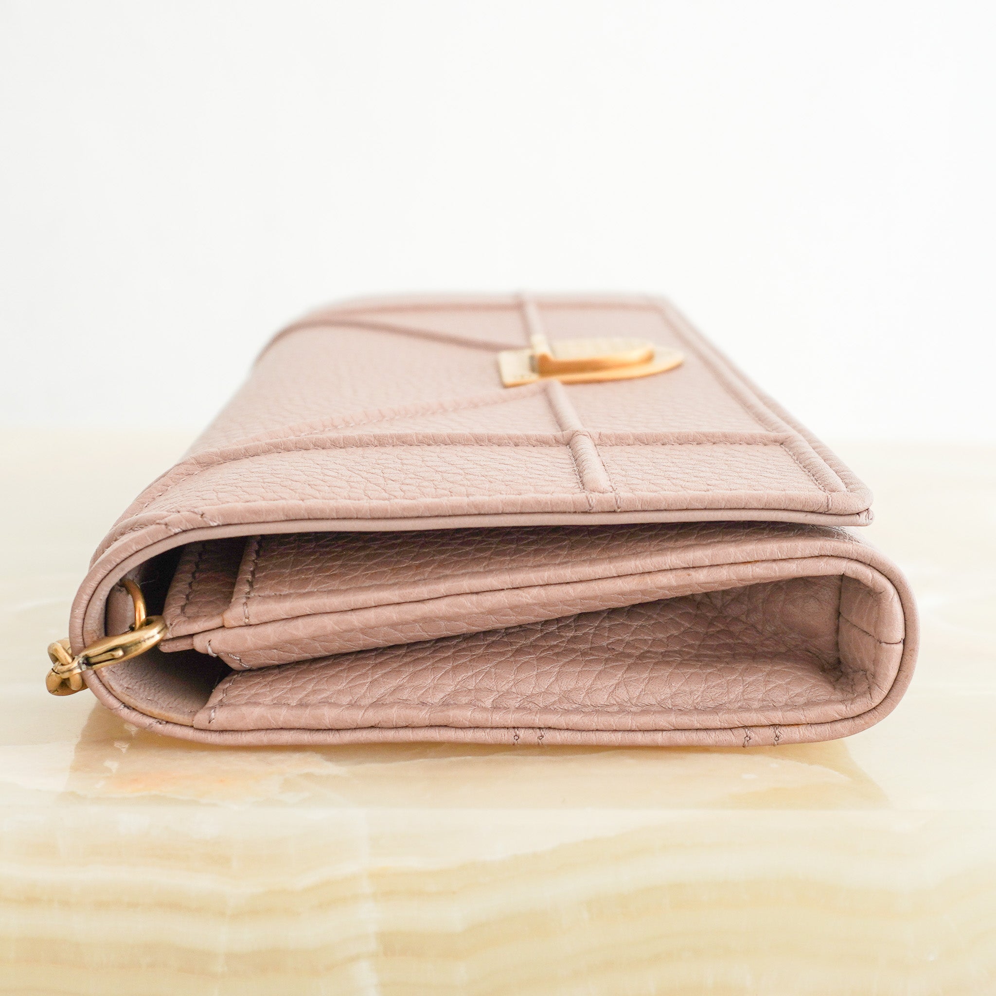 Side image of the Christian Dior Pink Leather Diorama Wallet on a Chain 