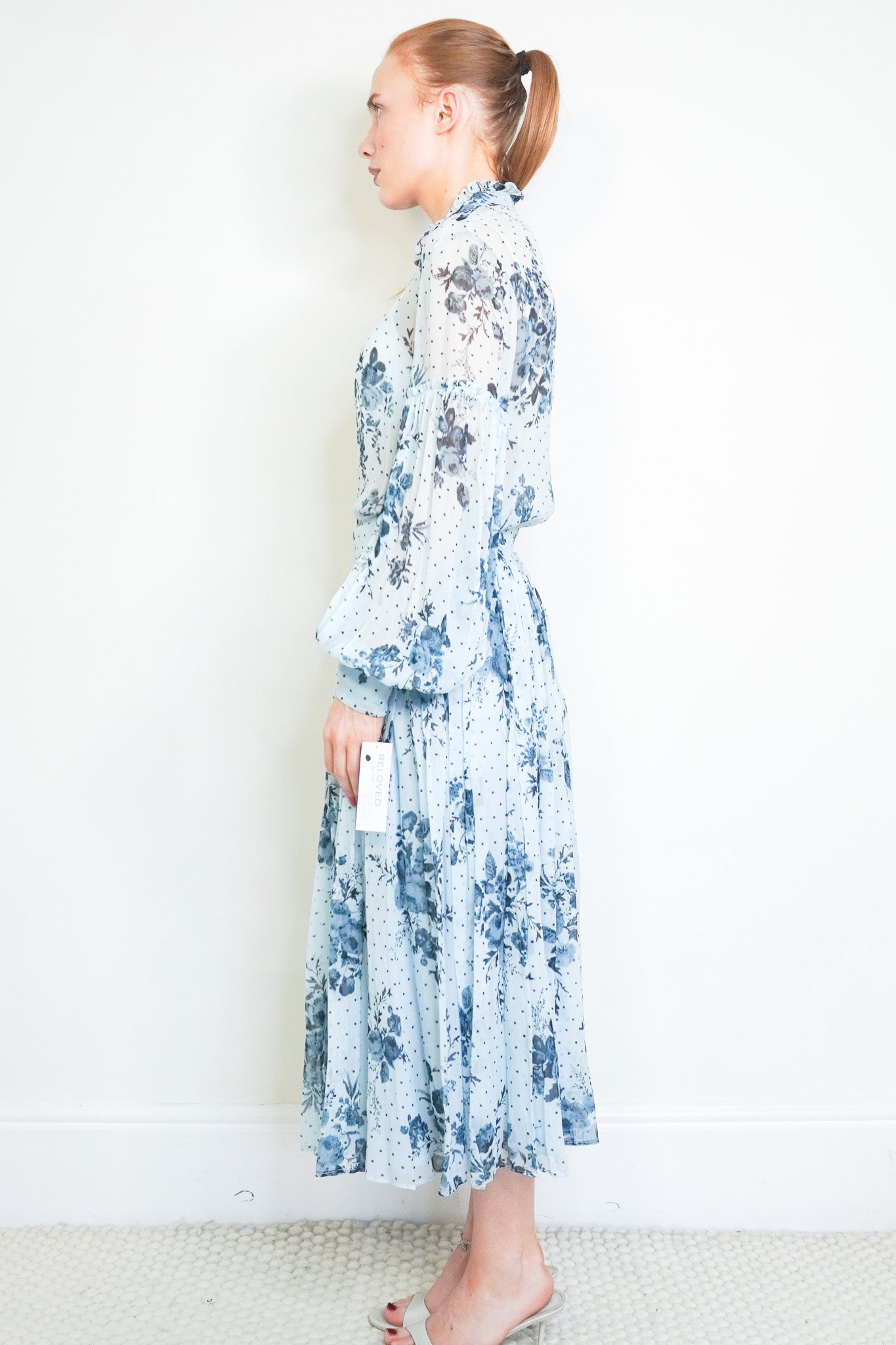 Side image of the Erdem Blue Floral Blouse and Pleated Skirt Set