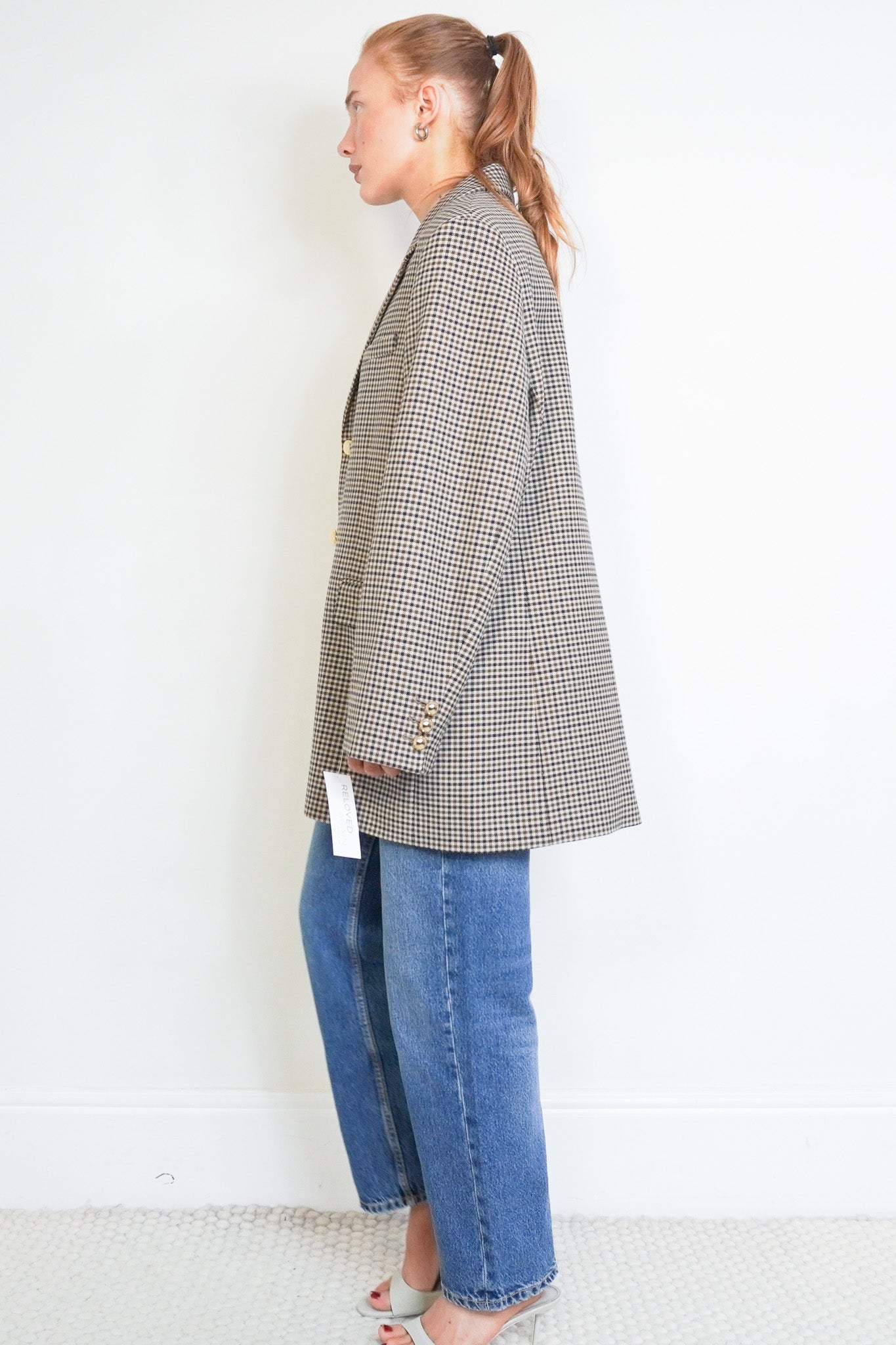 Side image of the Frame Houndstooth Wool Blend Oversized Blazer Jacket Gold Button Detail