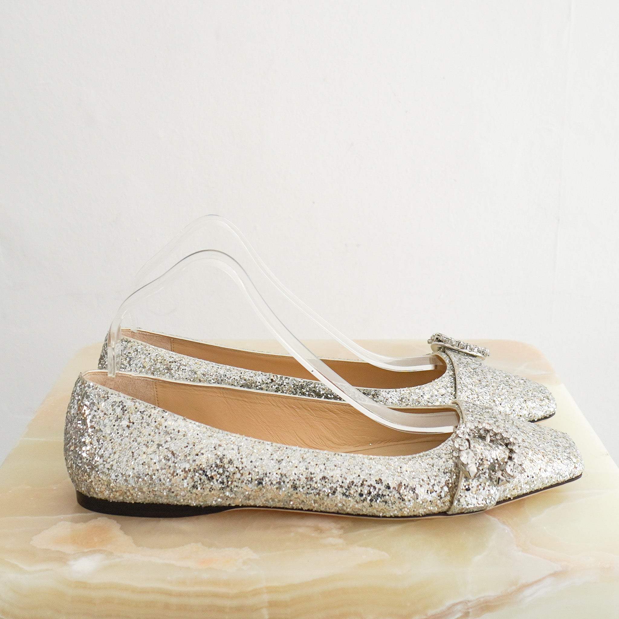 immy Choo Loli Silver Coarse Glitter Ballet Flats RRP £700 | Authentic Preloved - Reloved Again