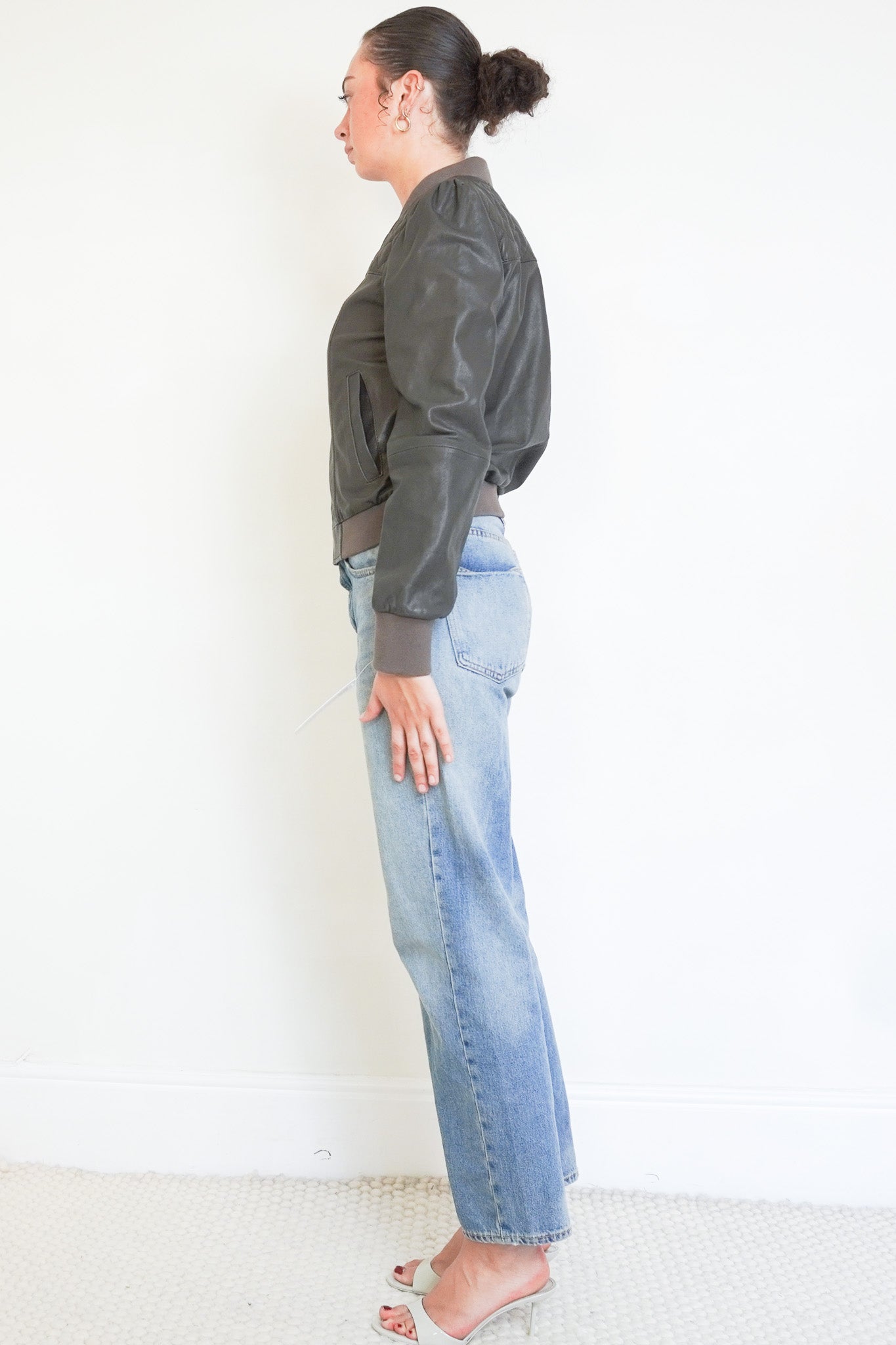 Side image of the ME + EM Brown Leather Bomber Jacket 