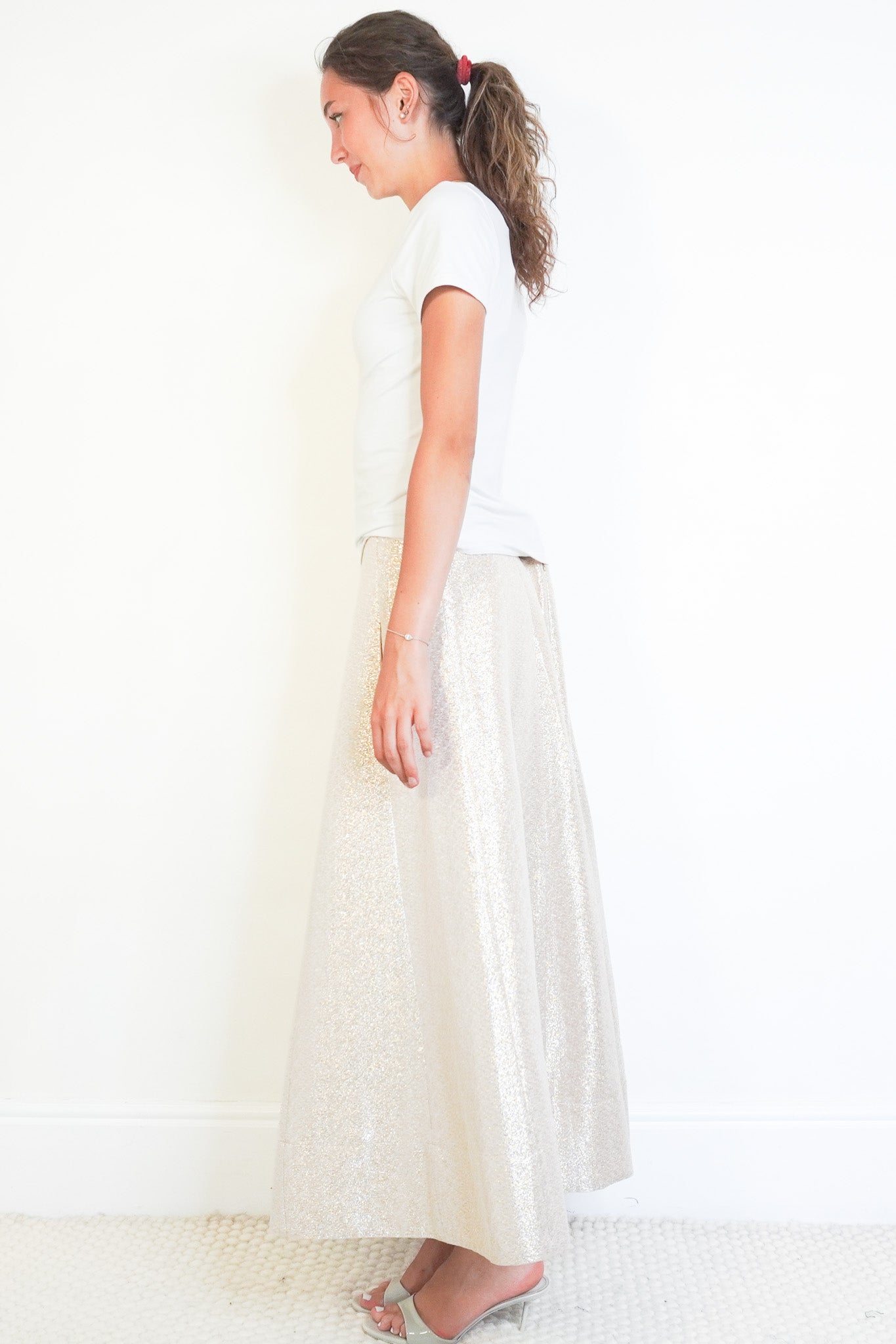 Side image of the Me + Em Gold Glitter Long Skirt
