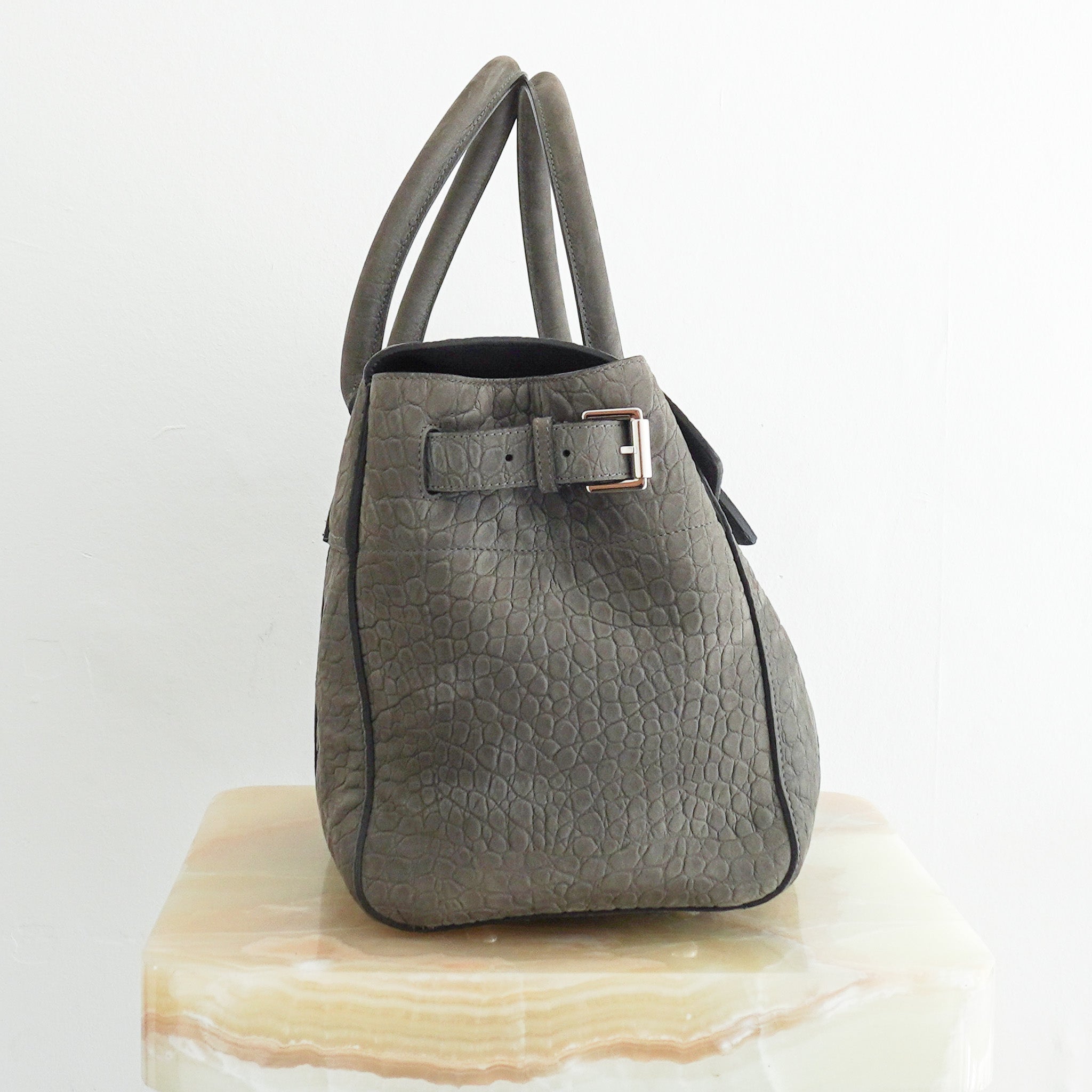 Side image of the Mulberry Bayswater Croc Tote in Grey 
