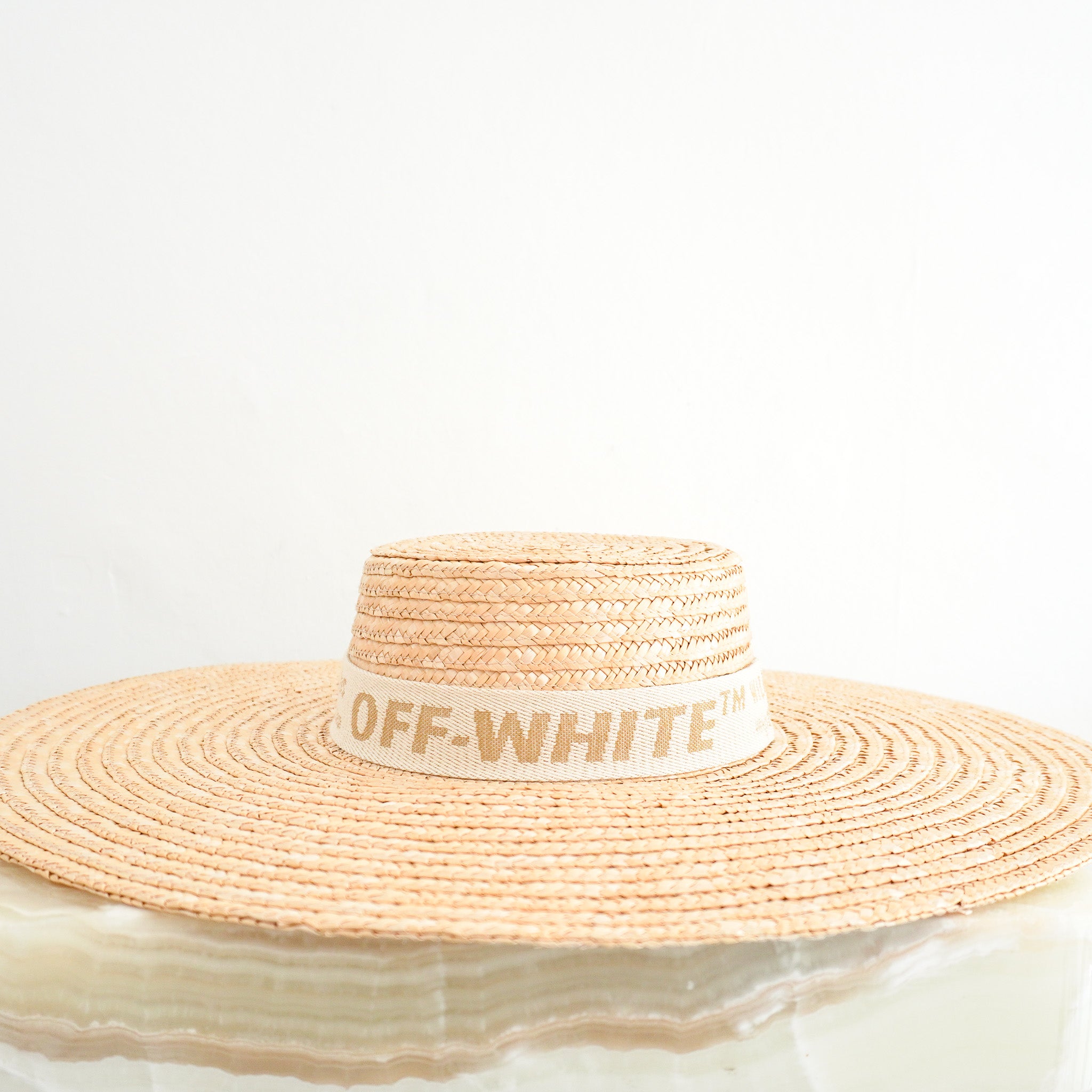 Side image of the Off White Straw Wide Brim Boater Hat
