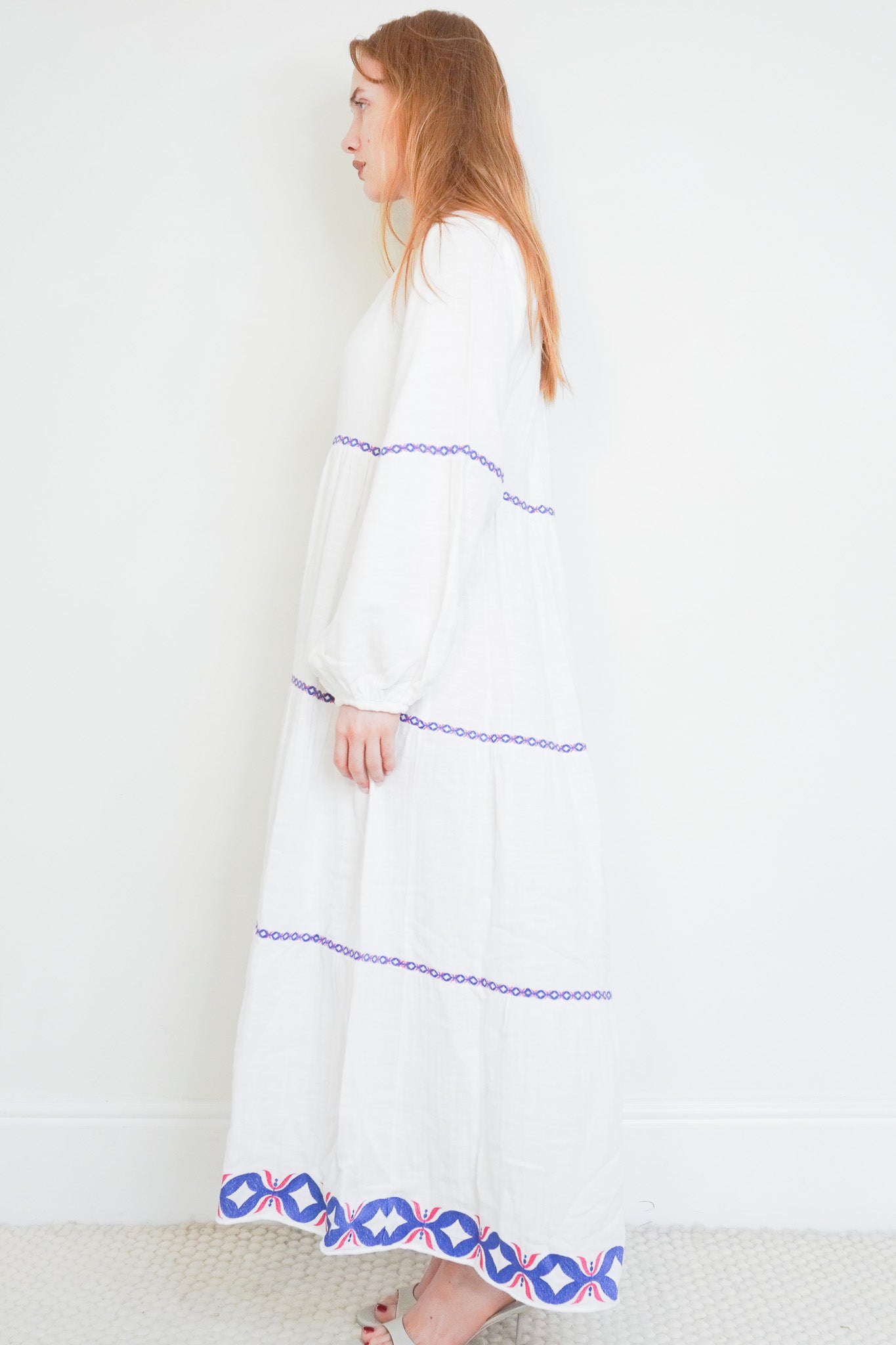 Side image of the Rae Feather Blue and Pink Embroidered Dress