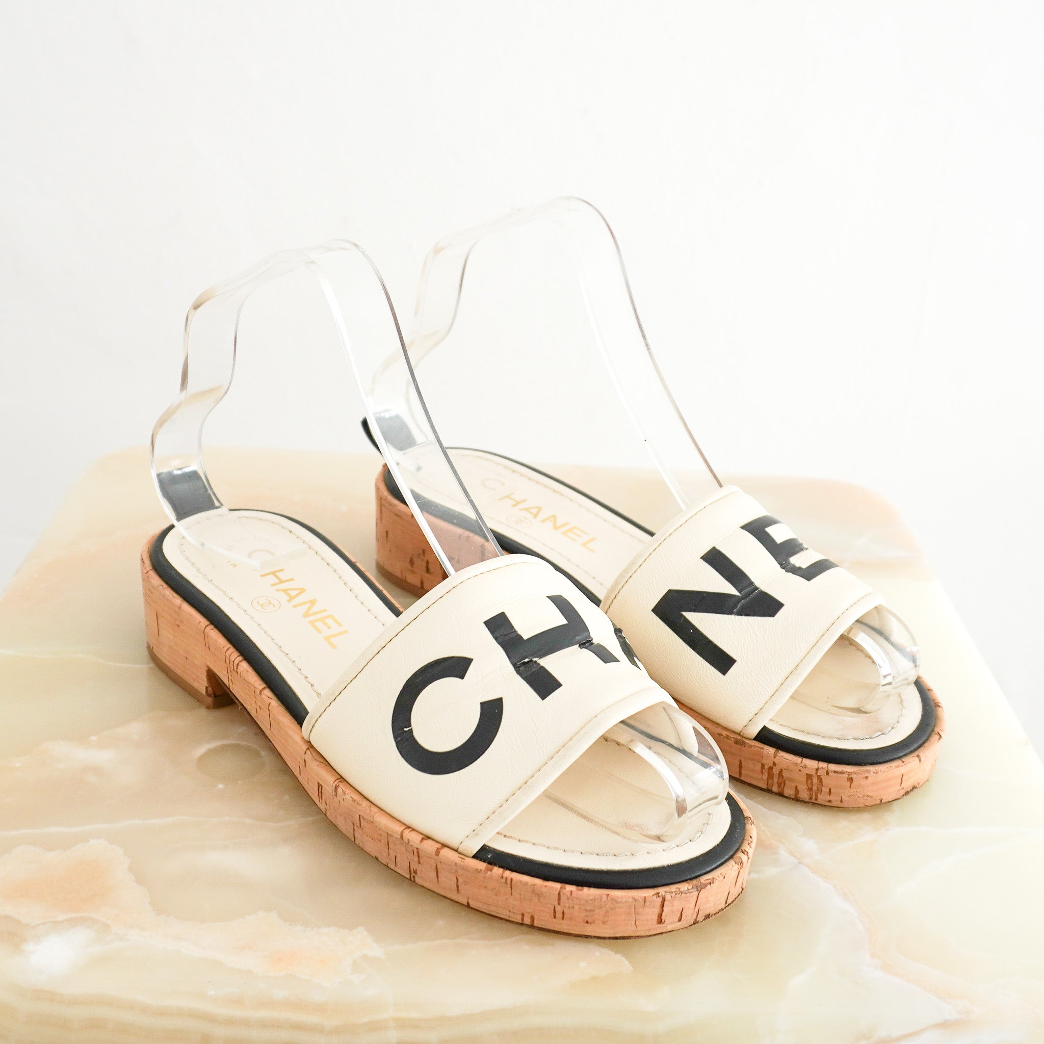 Side photo of the Chanel Logo Cork Sandals 
