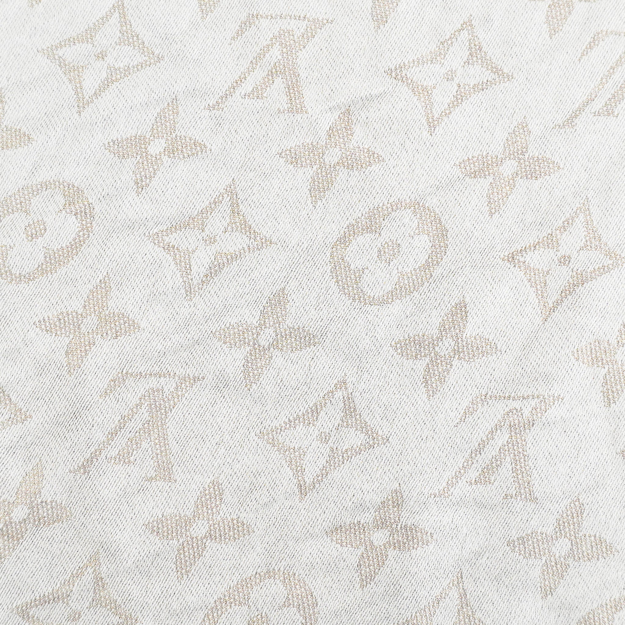 Side photo of the Louis Vuitton Blue and Silver Monogram Scarf 