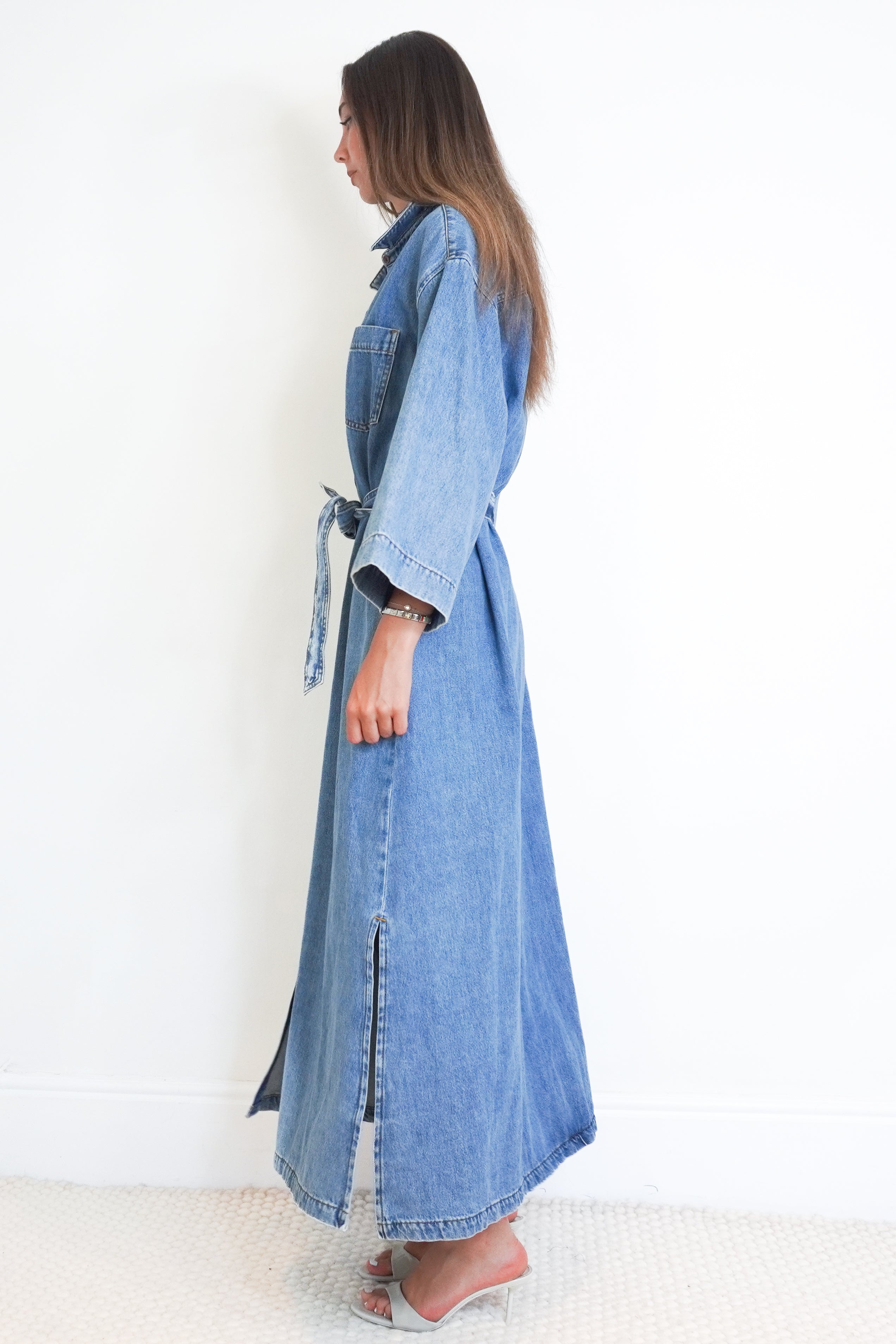 Skall Studio Alba Denim Maxi Dress in Washed Blue side photo chelsea london