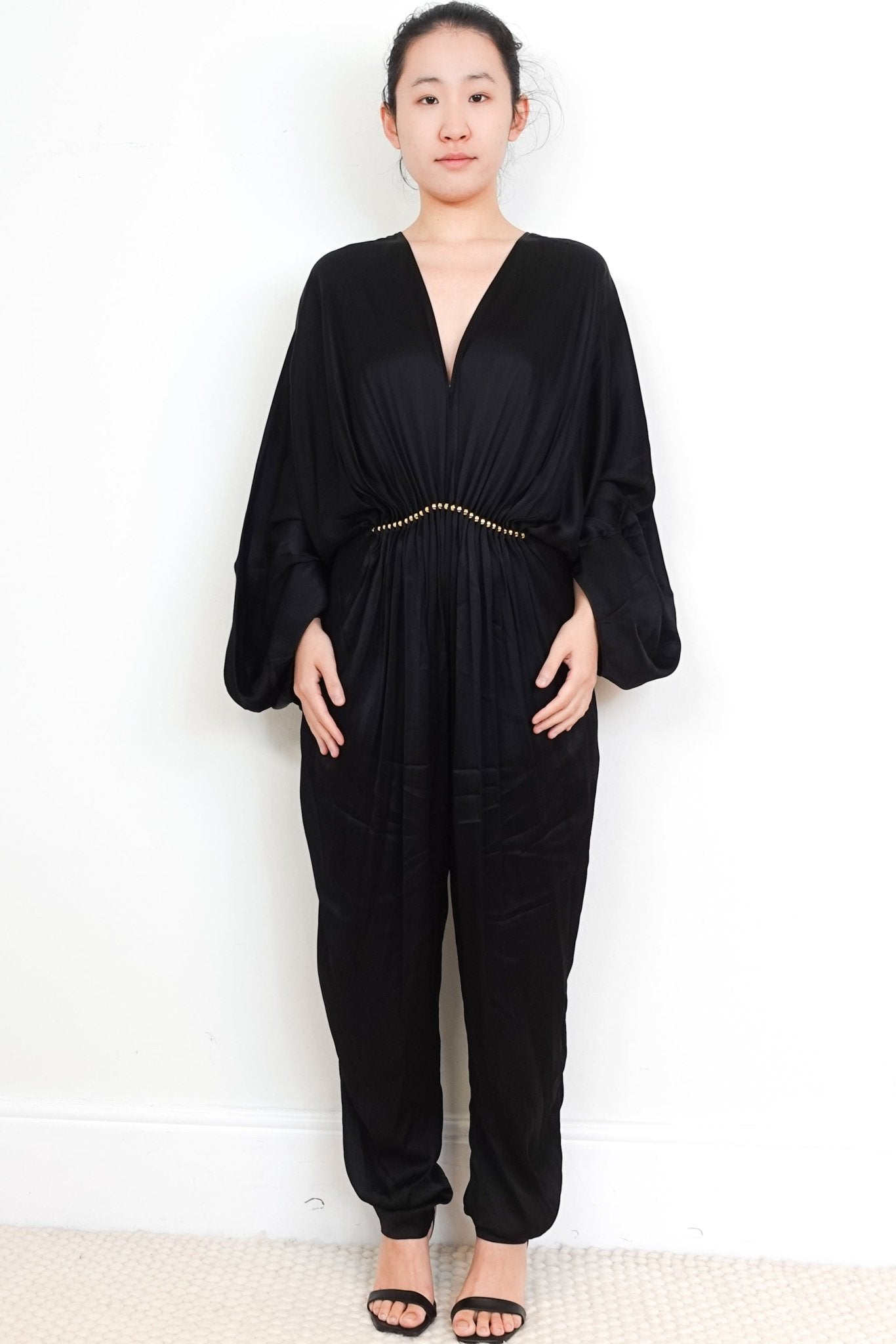 Stella McCartney Black Satin Jumpsuit with Gold Belt RRP £1.65K | Authentic Preloved - Reloved Again
