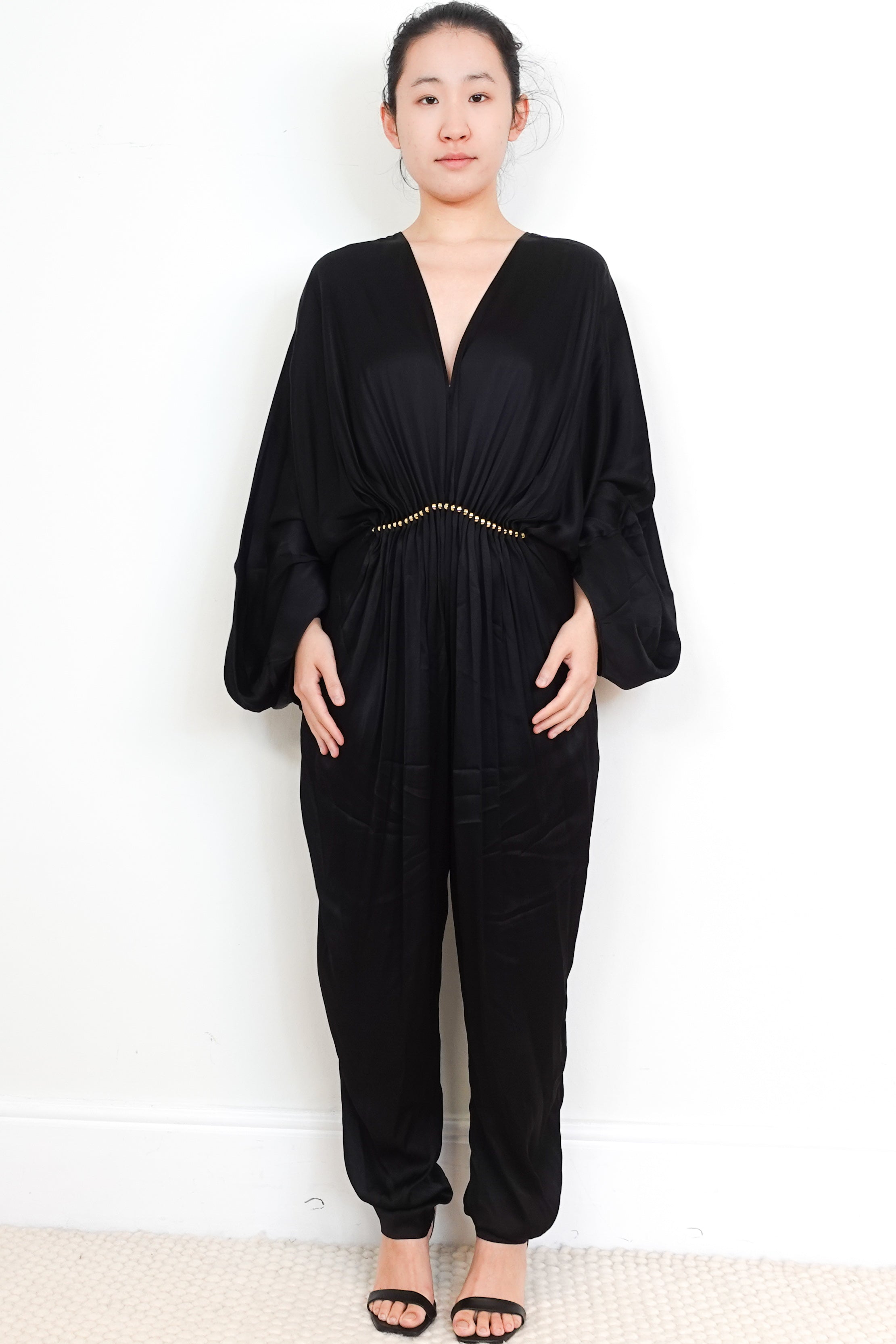 Stella-McCartney-Black-Satin-Jumpsuit-with-Gold-Belt-front-picture-Chelsea-London