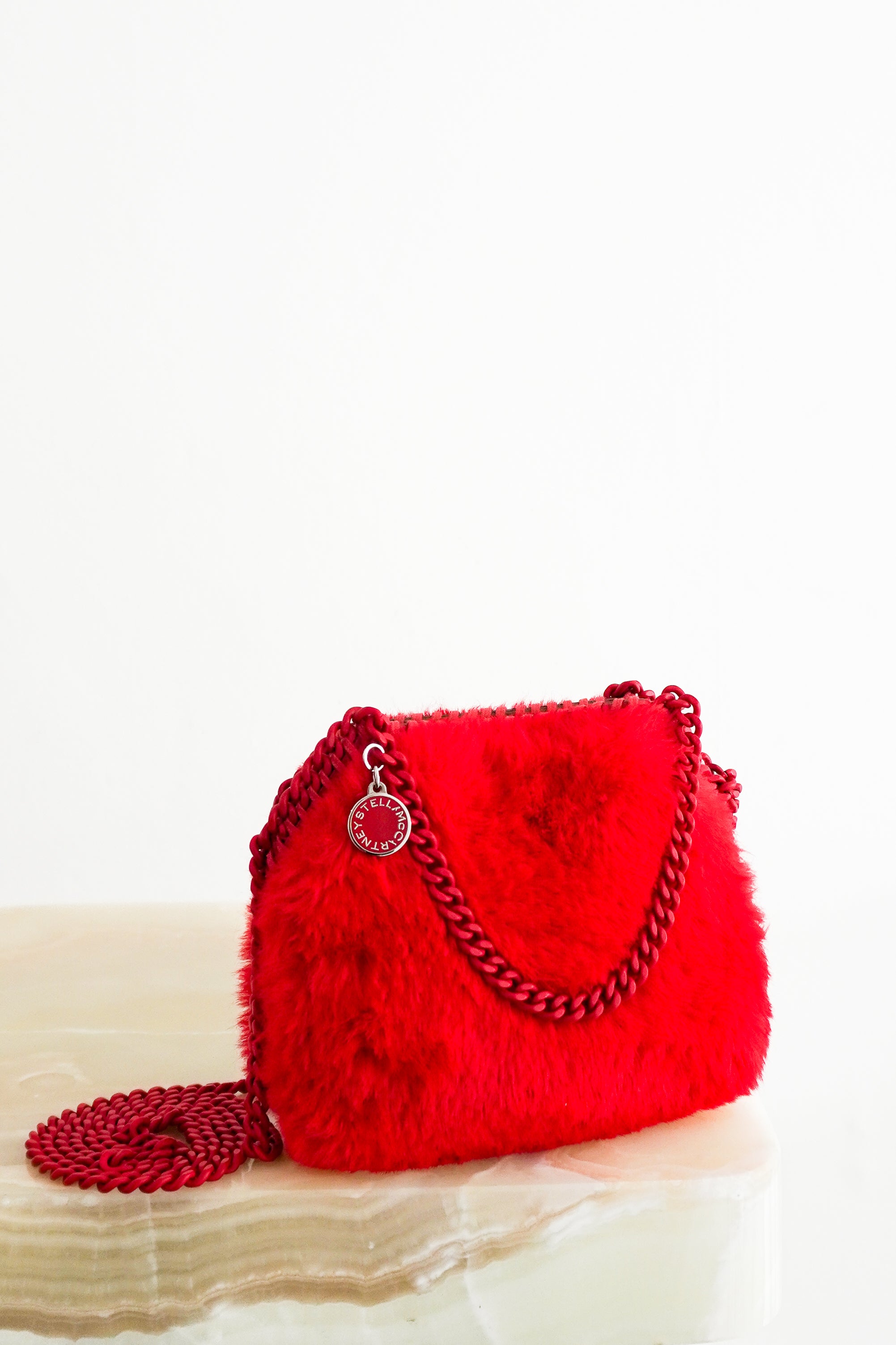 Stella McCartney Falabella Red Faux Fur Mini Tote Bag front photo chelsea london