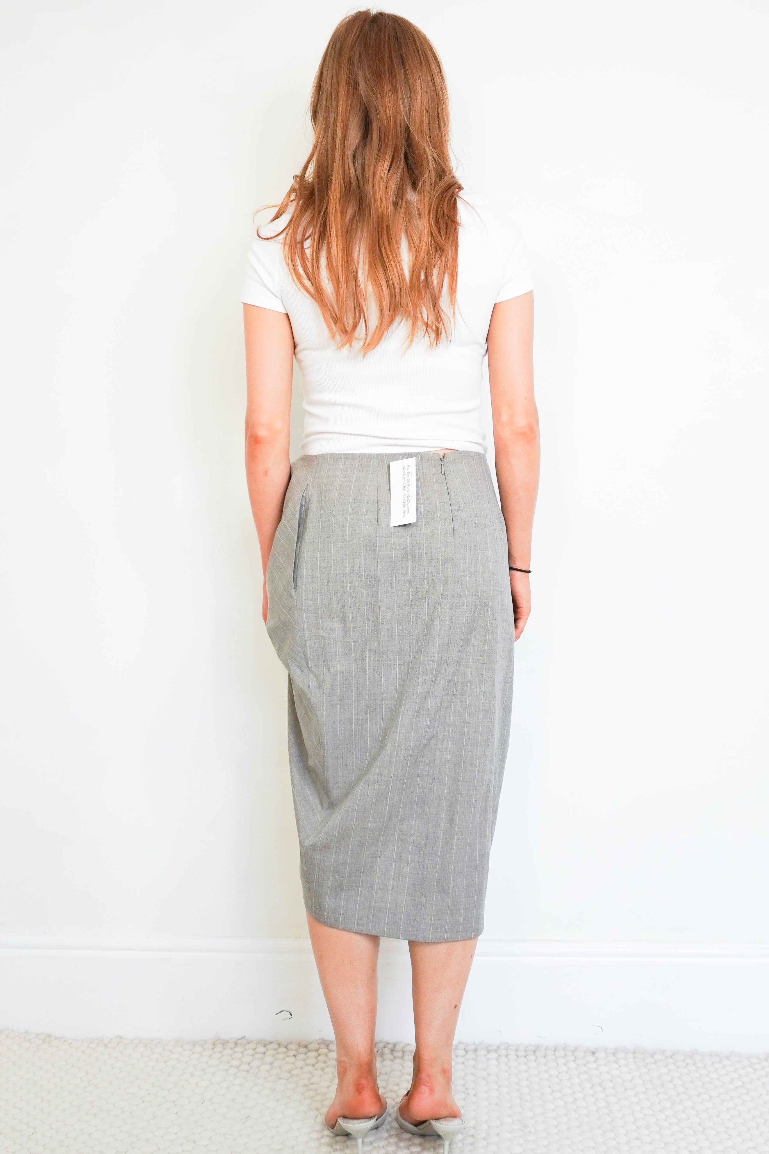 Stella McCartney Grey Pinstripe Draped Midi Skirt back photo chelsea london
