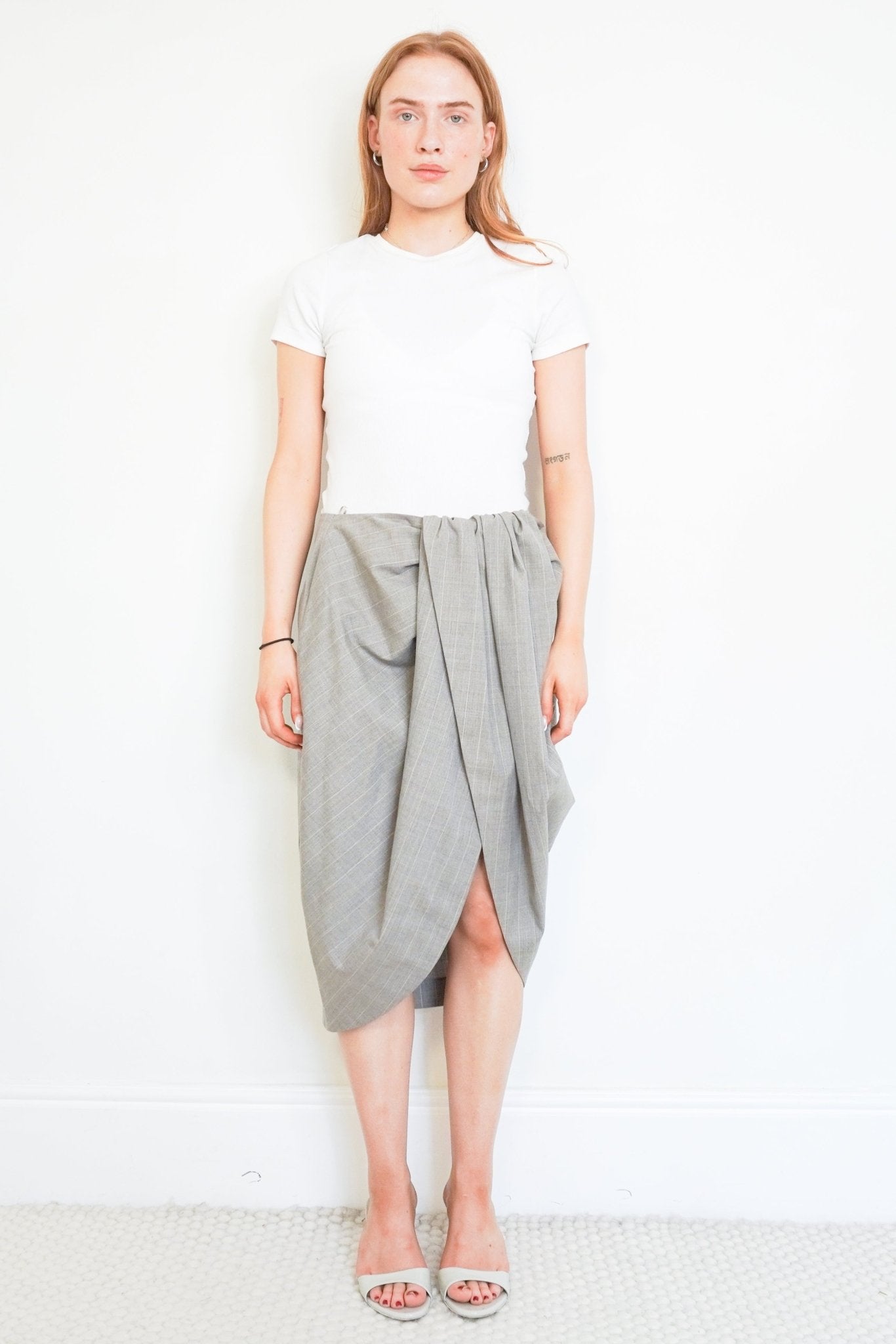 Stella McCartney Grey Pinstripe Draped Midi Skirt (RRP £300) | Authentic Preloved - Reloved Again