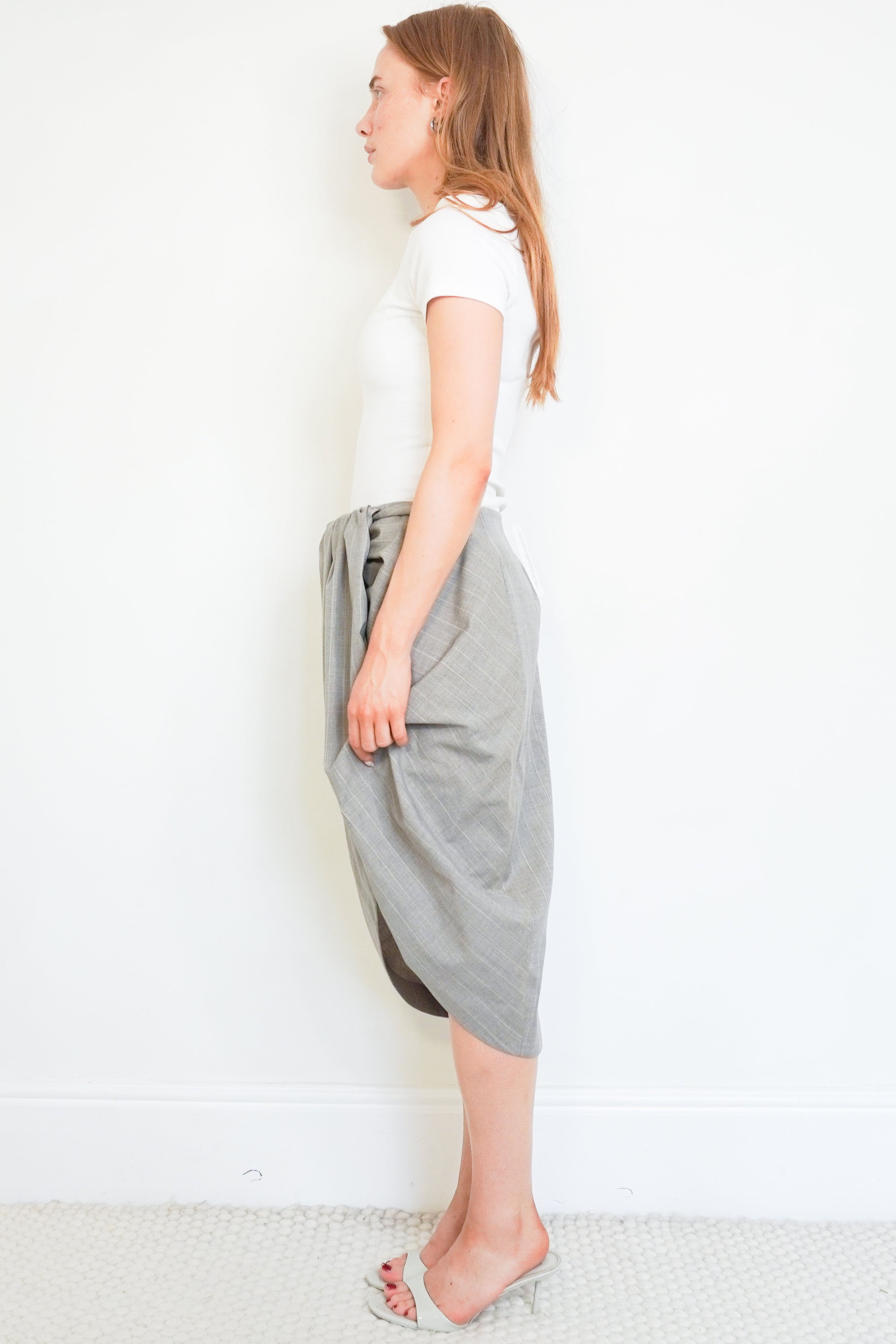 Stella McCartney Grey Pinstripe Draped Midi Skirt side photo chelsea london