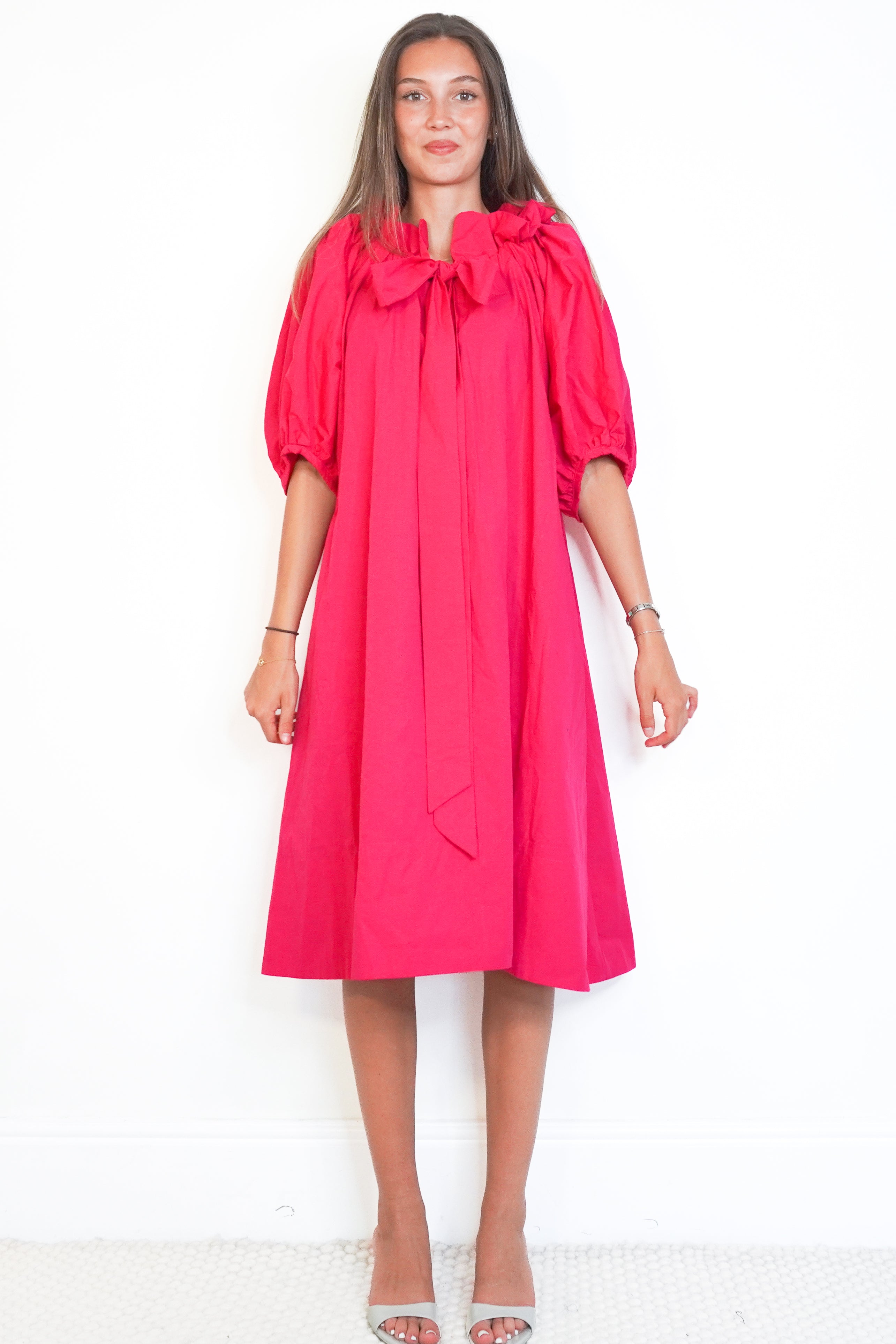 Stone & Waisted Fuchsia Cotton Bow-Neck Midi Dress front photo chelsea london