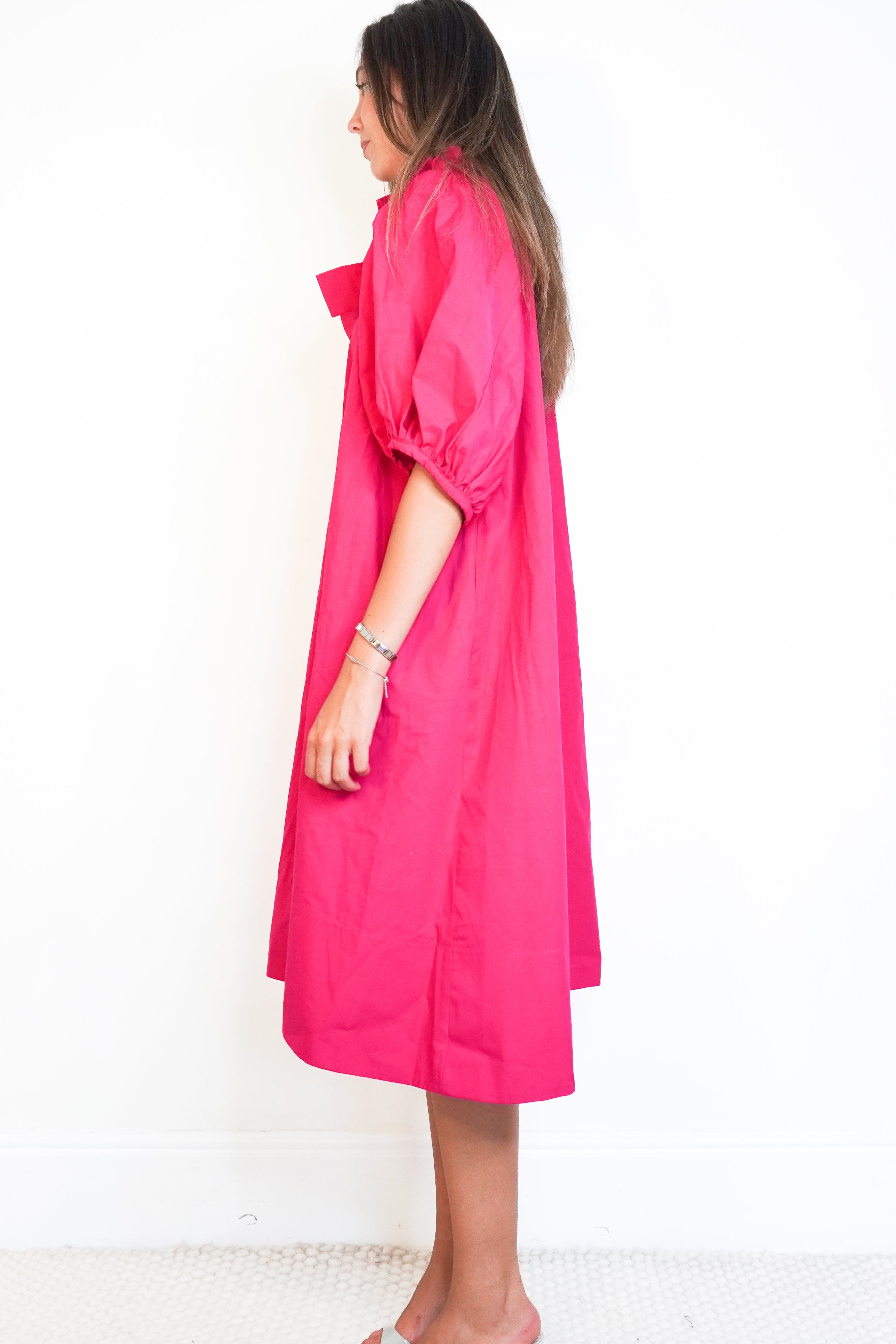 Stone & Waisted Fuchsia Cotton Bow-Neck Midi Dress side photo chelsea london