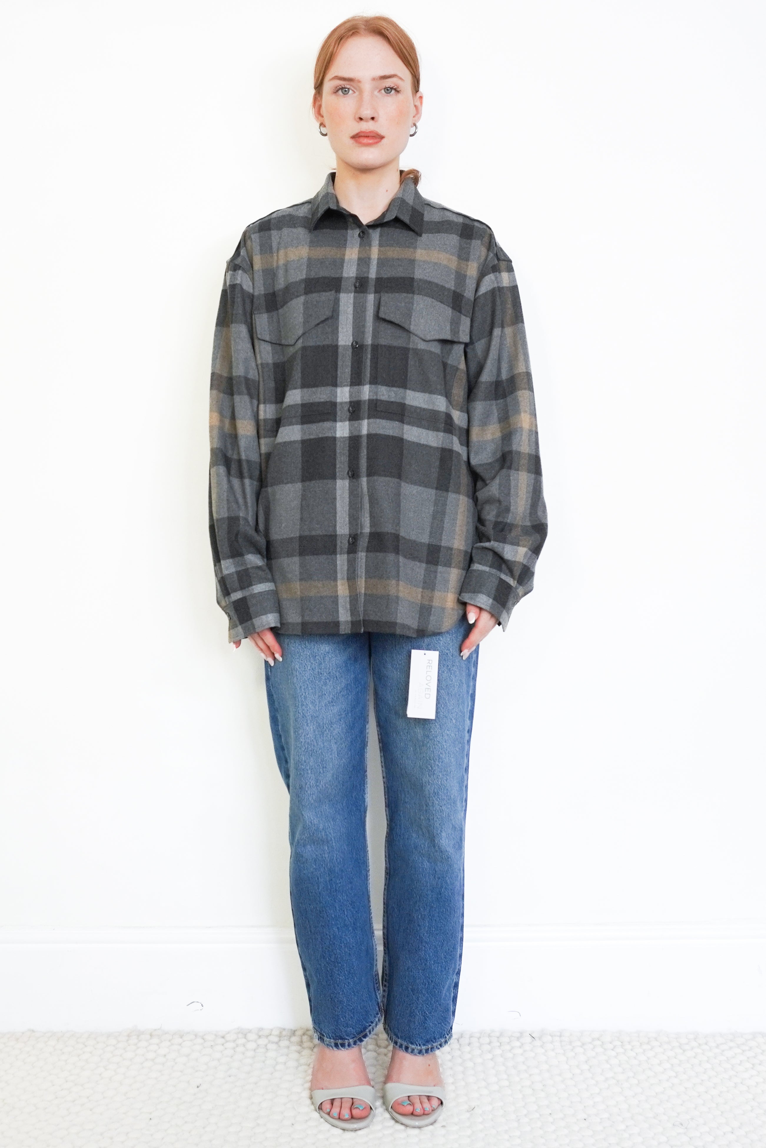 TOTEME Novella Dark Grey Checked Flannel Shirt front photo chelsea london