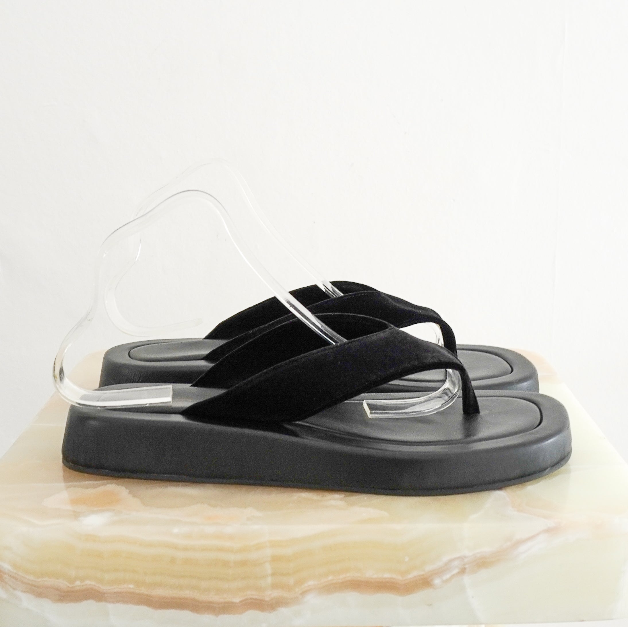 The Row Black Ginza Leather and Velvet Platform Flip Flops side photo chelsea london