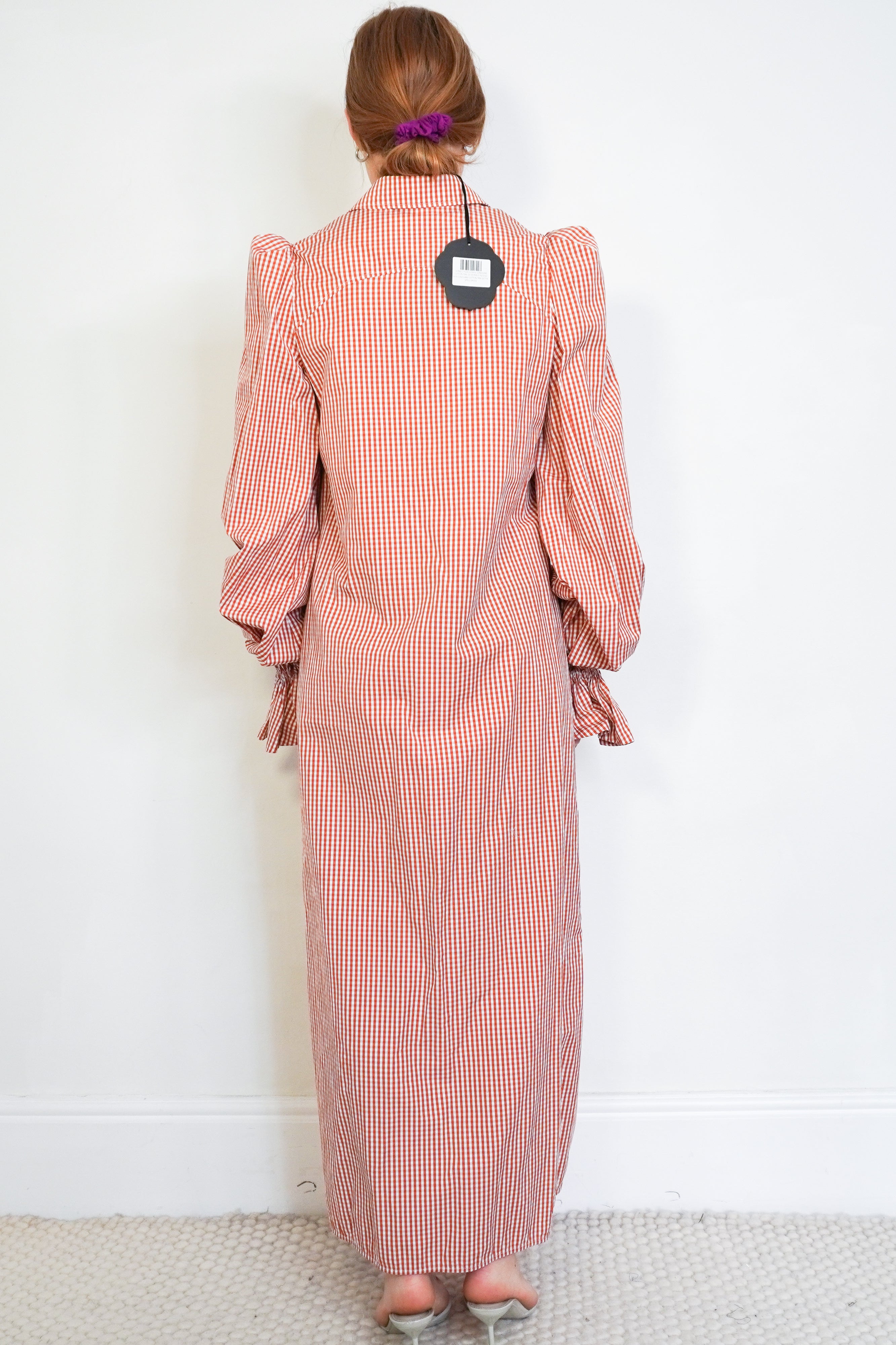 The Vampire’s Wife The Spell Tan & White Mini Gingham Cotton Maxi Dress back photo chelsea london