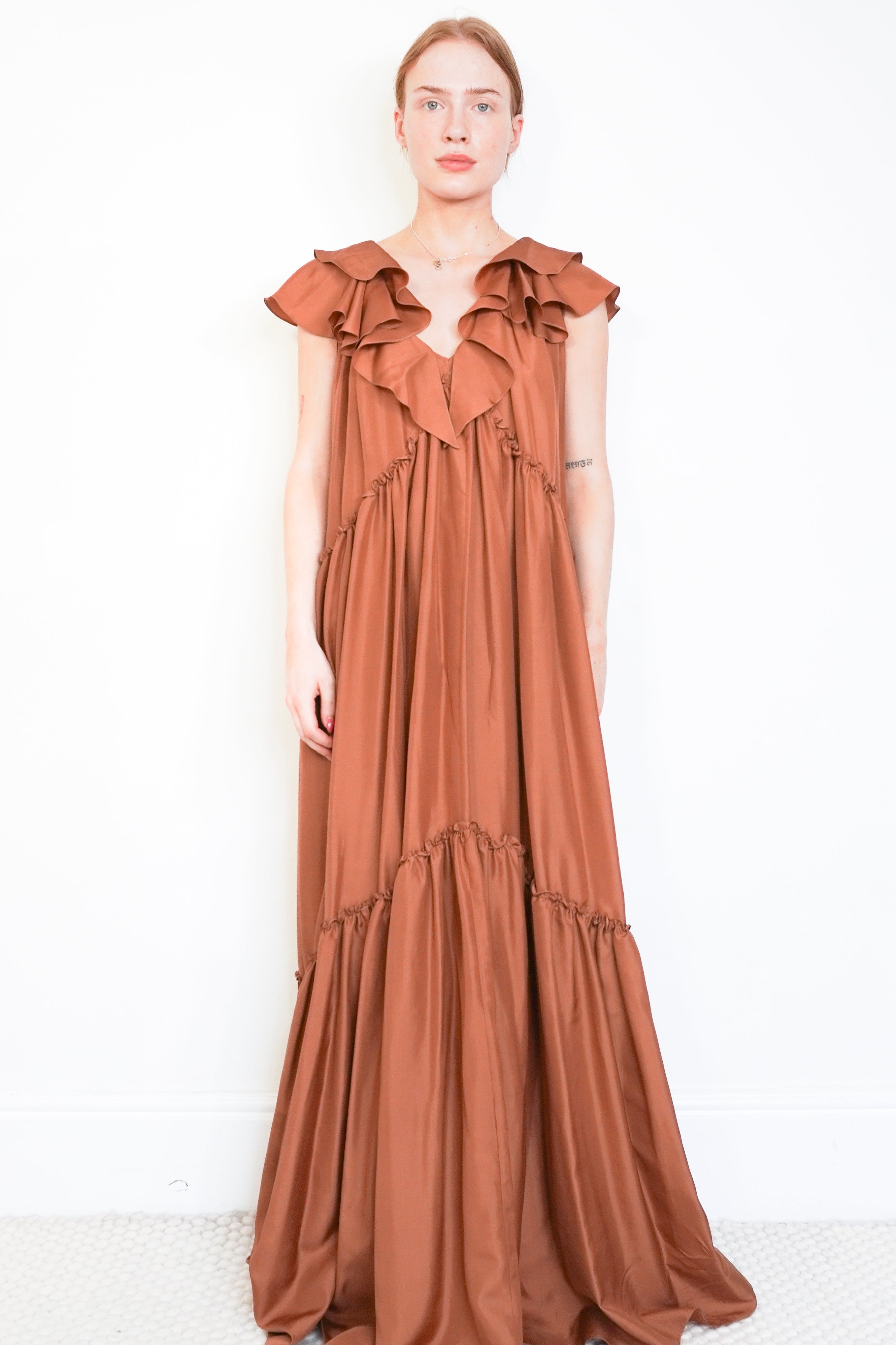 Three Graces Burnt Orange Silk Maxi Dress front photo chelsea london
