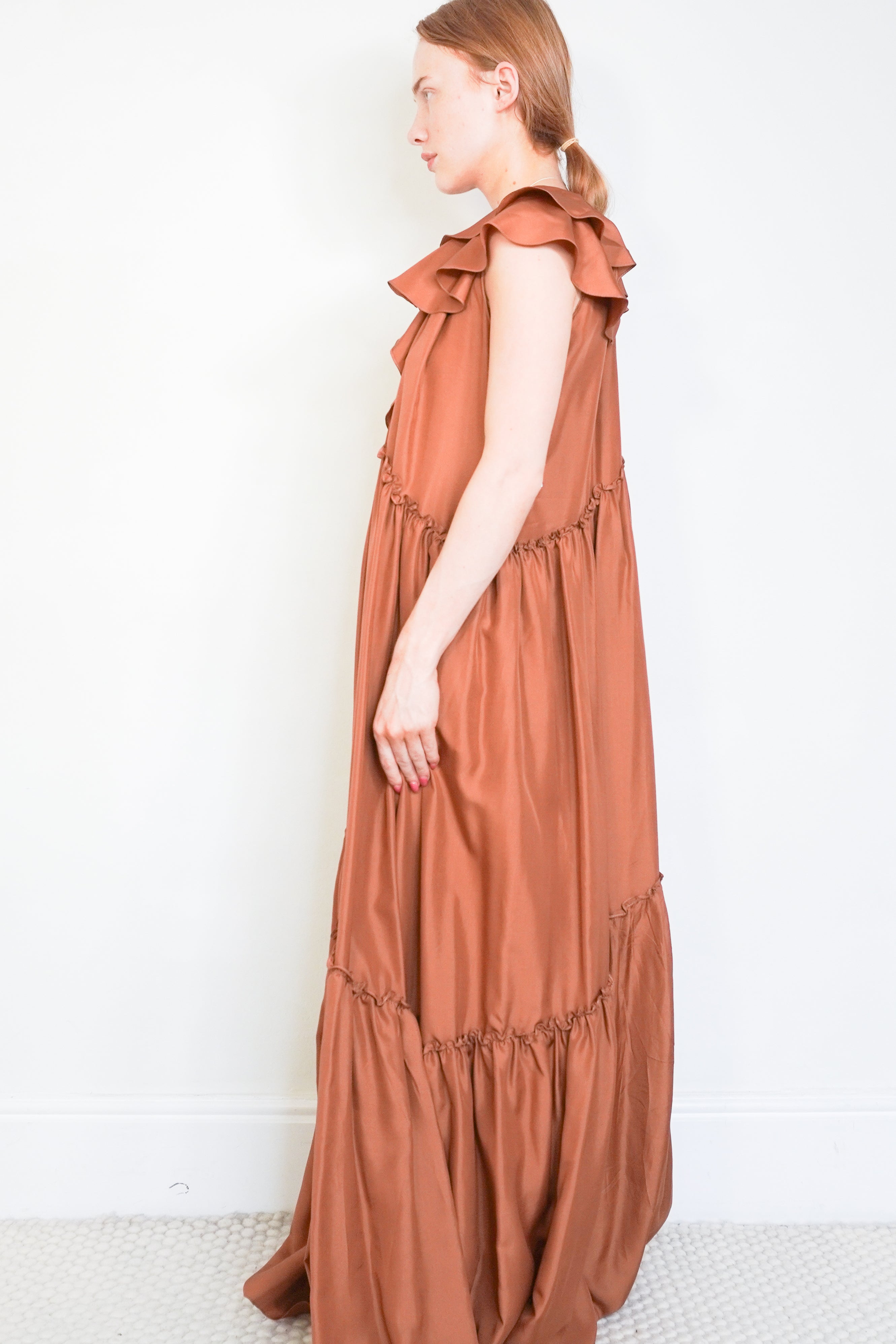 Three Graces Burnt Orange Silk Maxi Dress side photo chelsea london