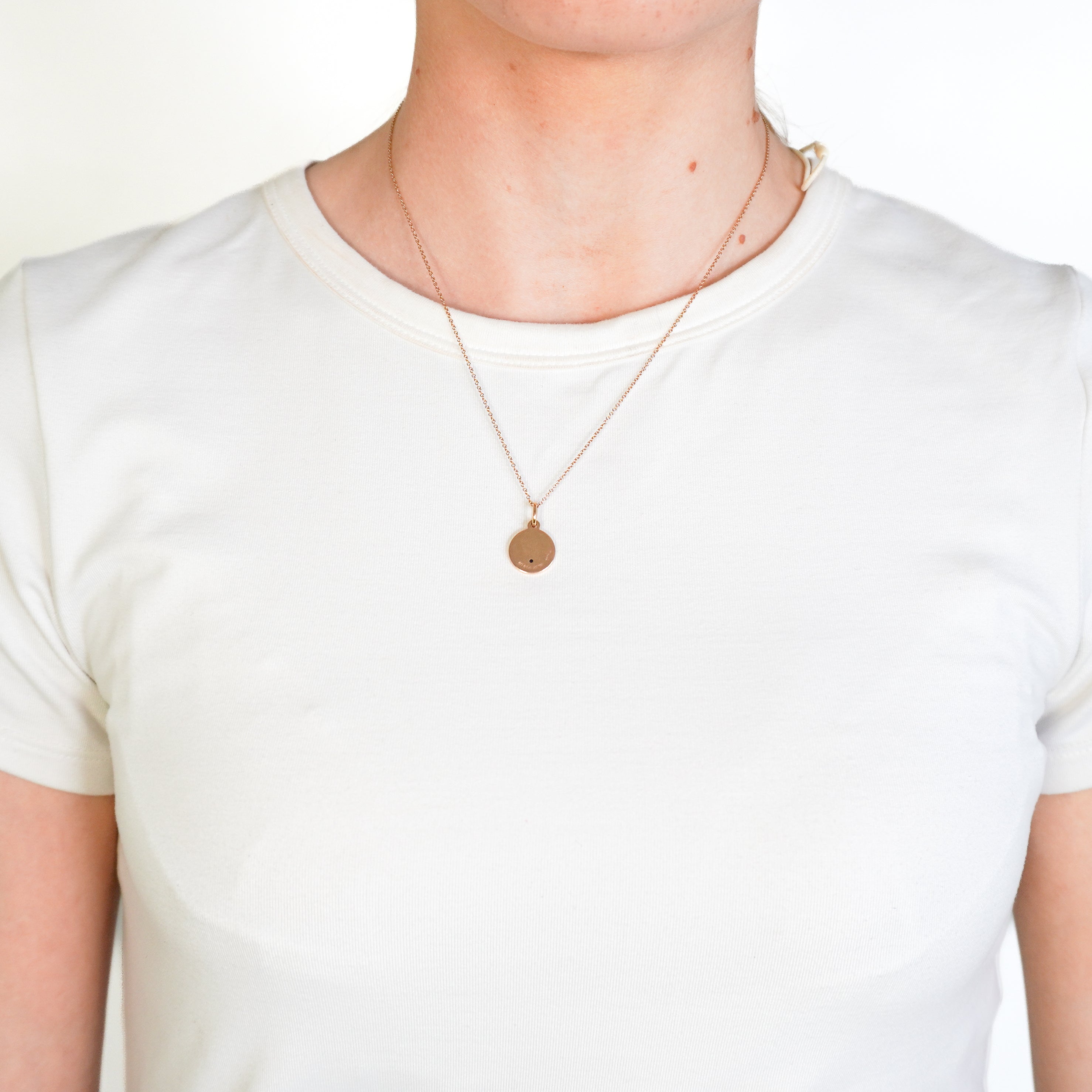 Tiffany & Co. Round Pendant Necklace in 18k Rose Gold with Sapphire front photo chelsea london model