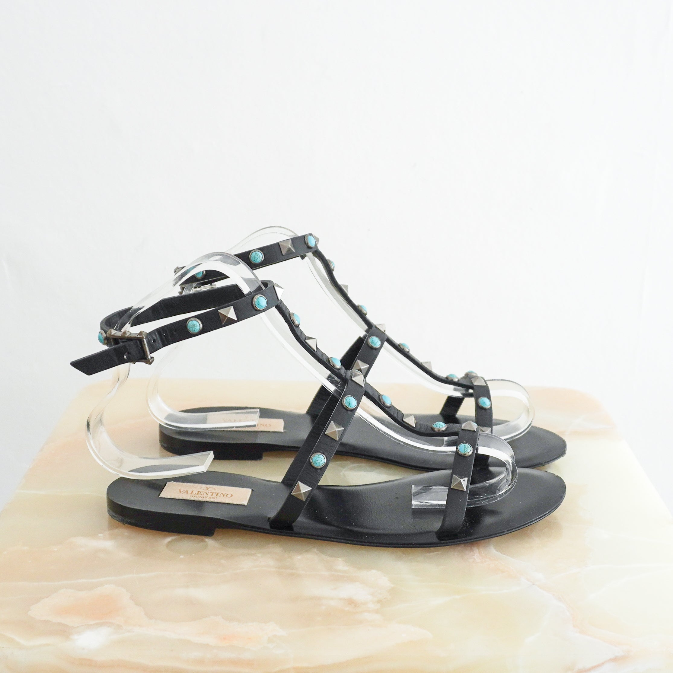 Valentino Black Rockstud Sandals side photo chelsea London