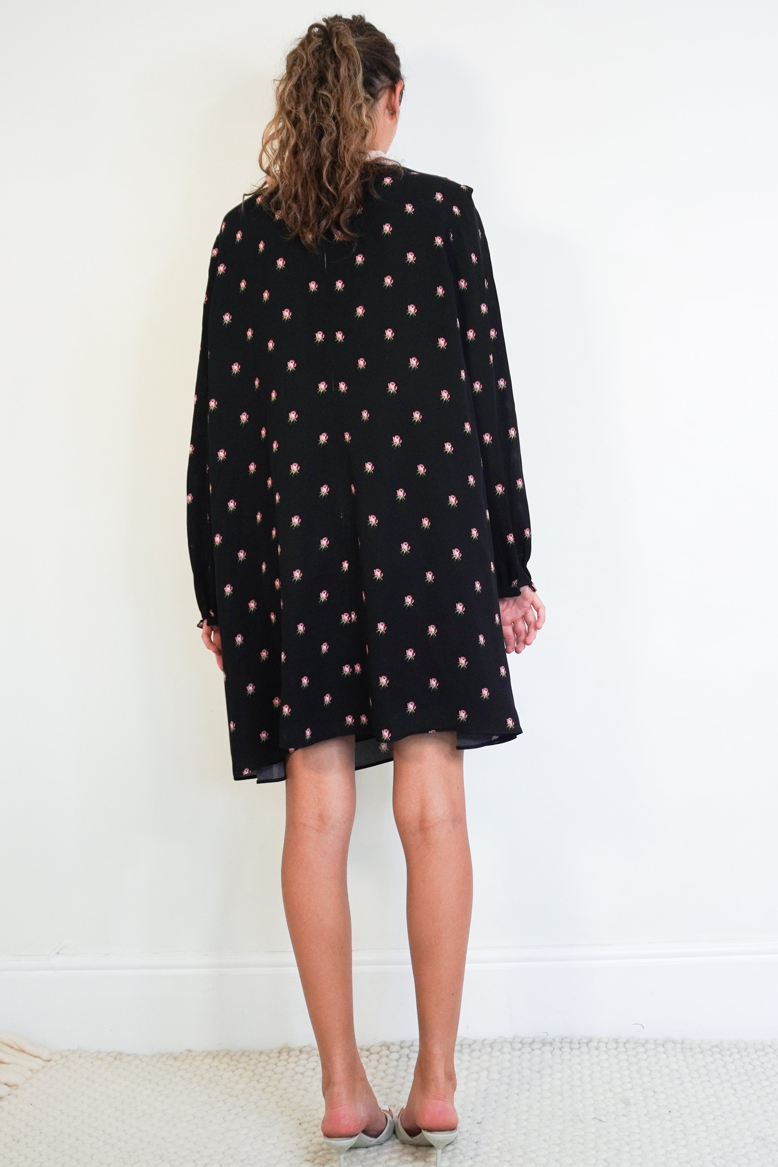 Valentino Garavani Black Rose Print Silk Bow-Neck Dress back photo chelsea london