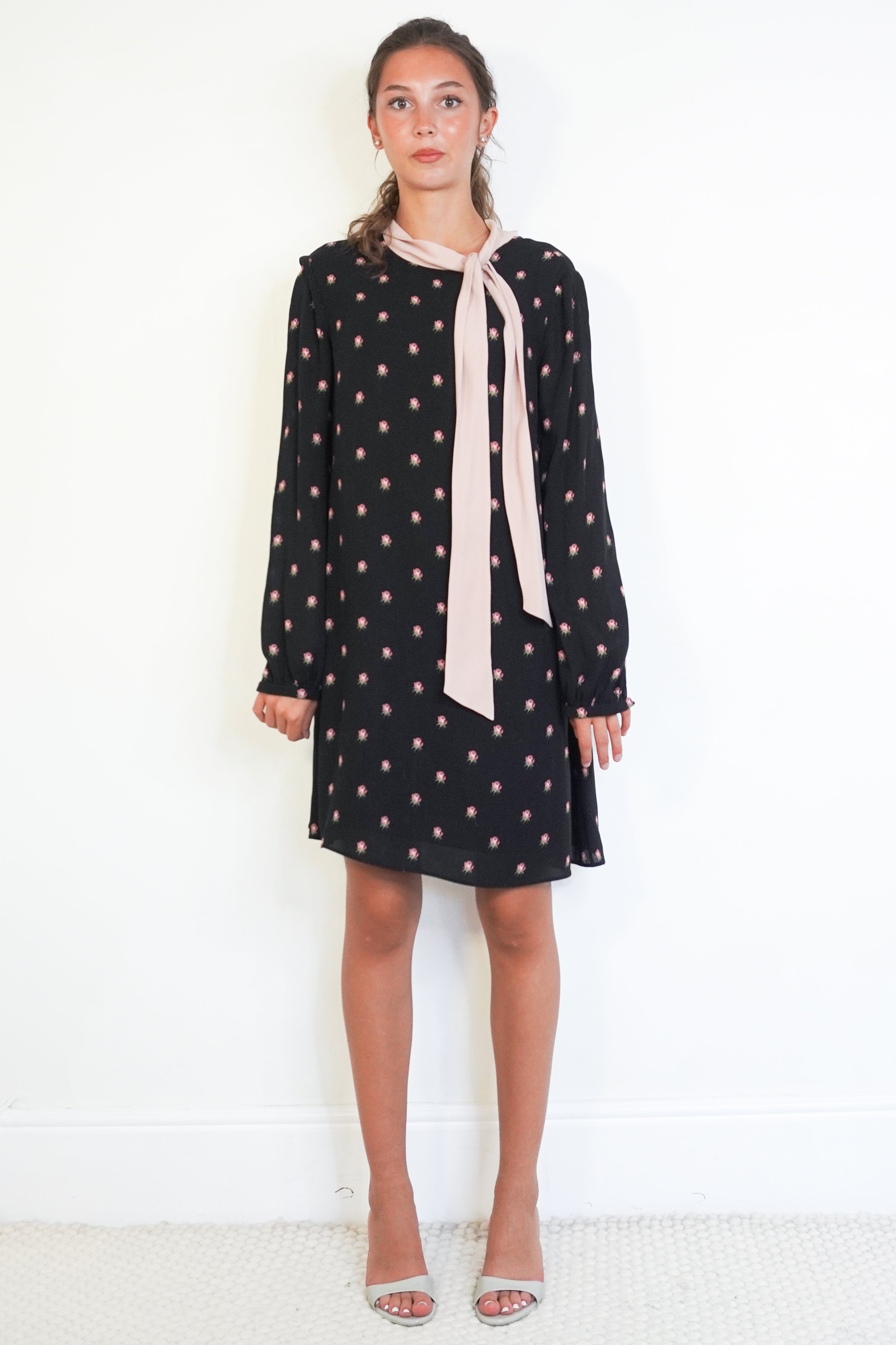 Valentino Garavani Black Rose Print Silk Bow-Neck Dress front photo chelsea london