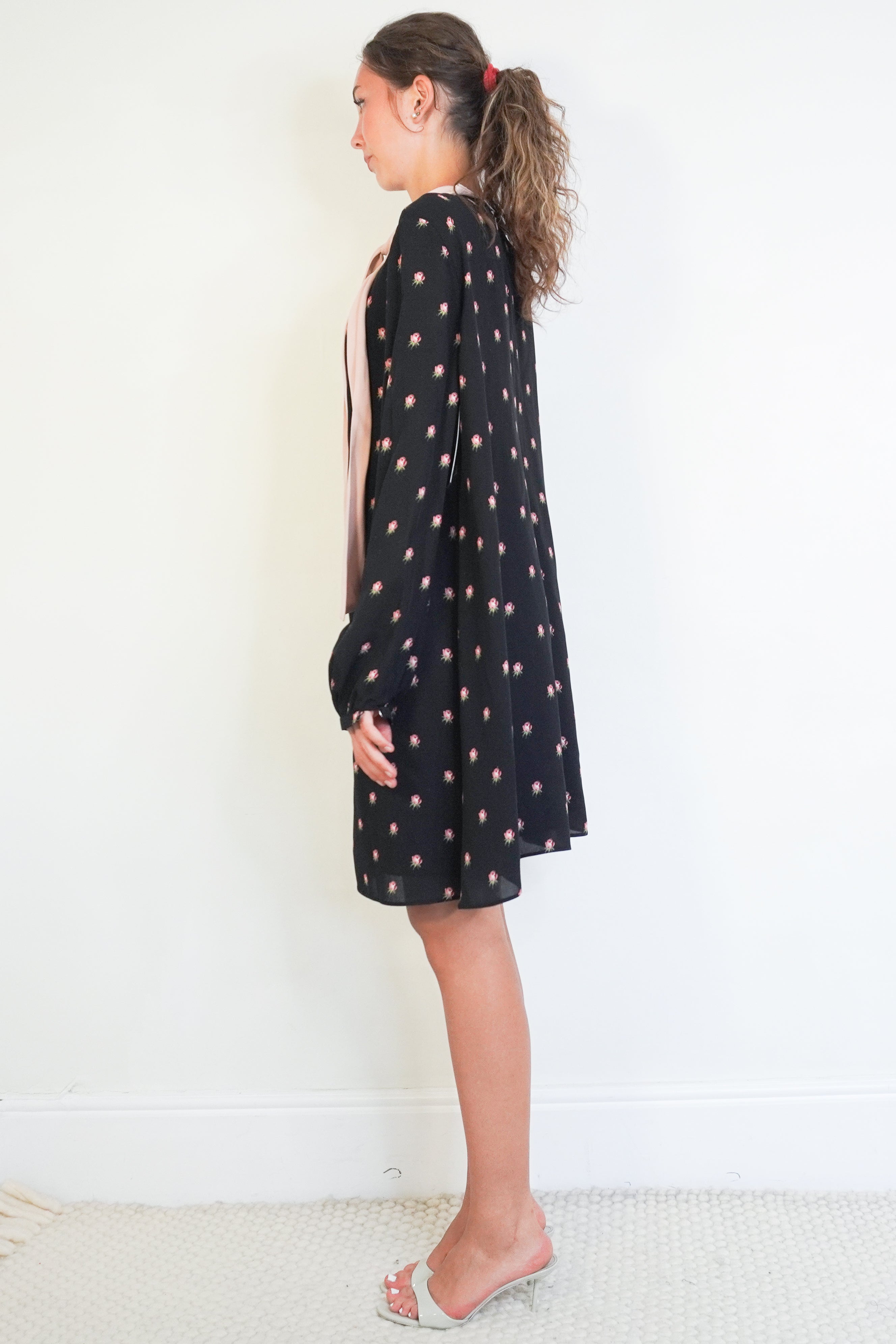 Valentino Garavani Black Rose Print Silk Bow-Neck Dress side photo chelsea london