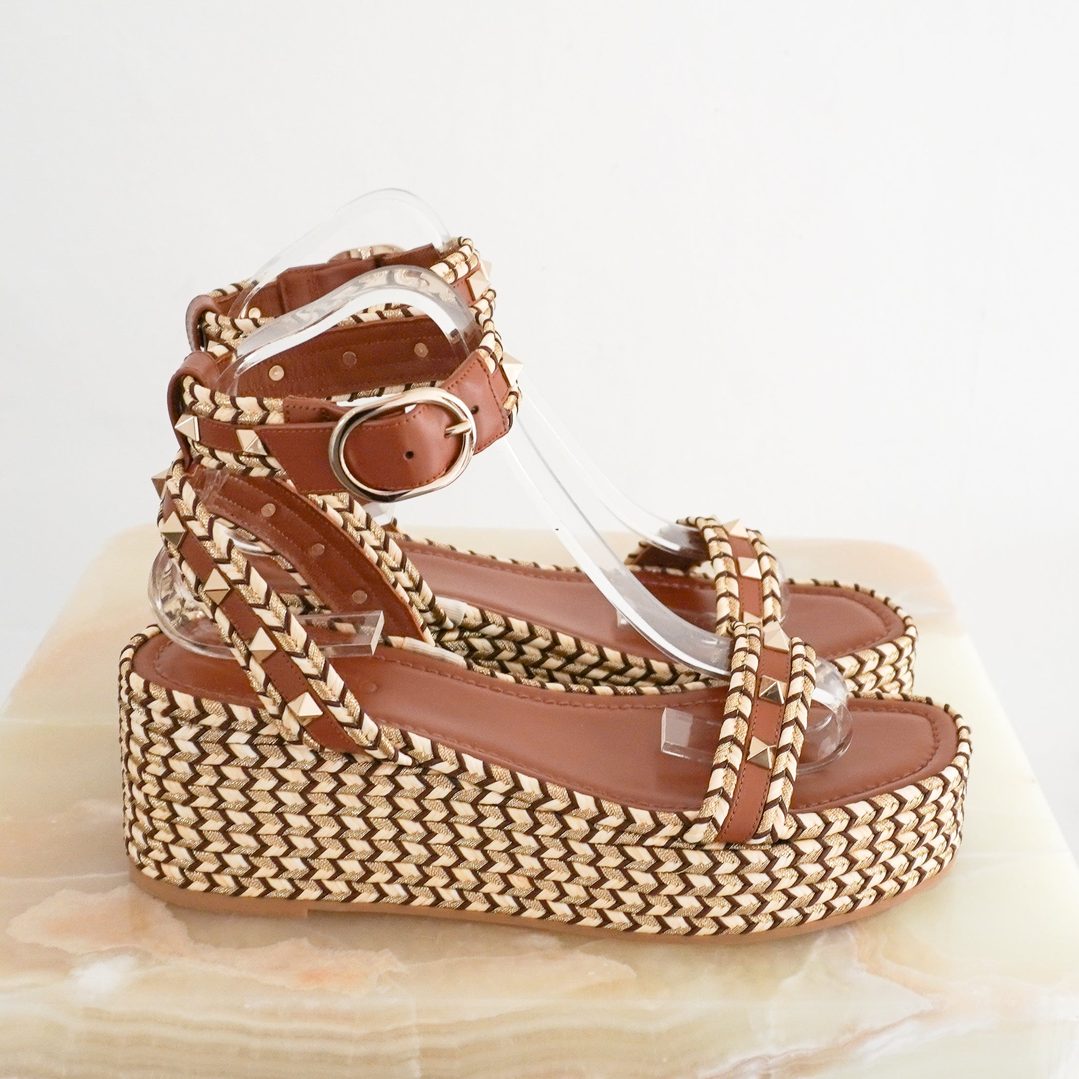 Valentino Garavani Rockstud Leather Wedge Espadrilles in Brown side photo chelsea london