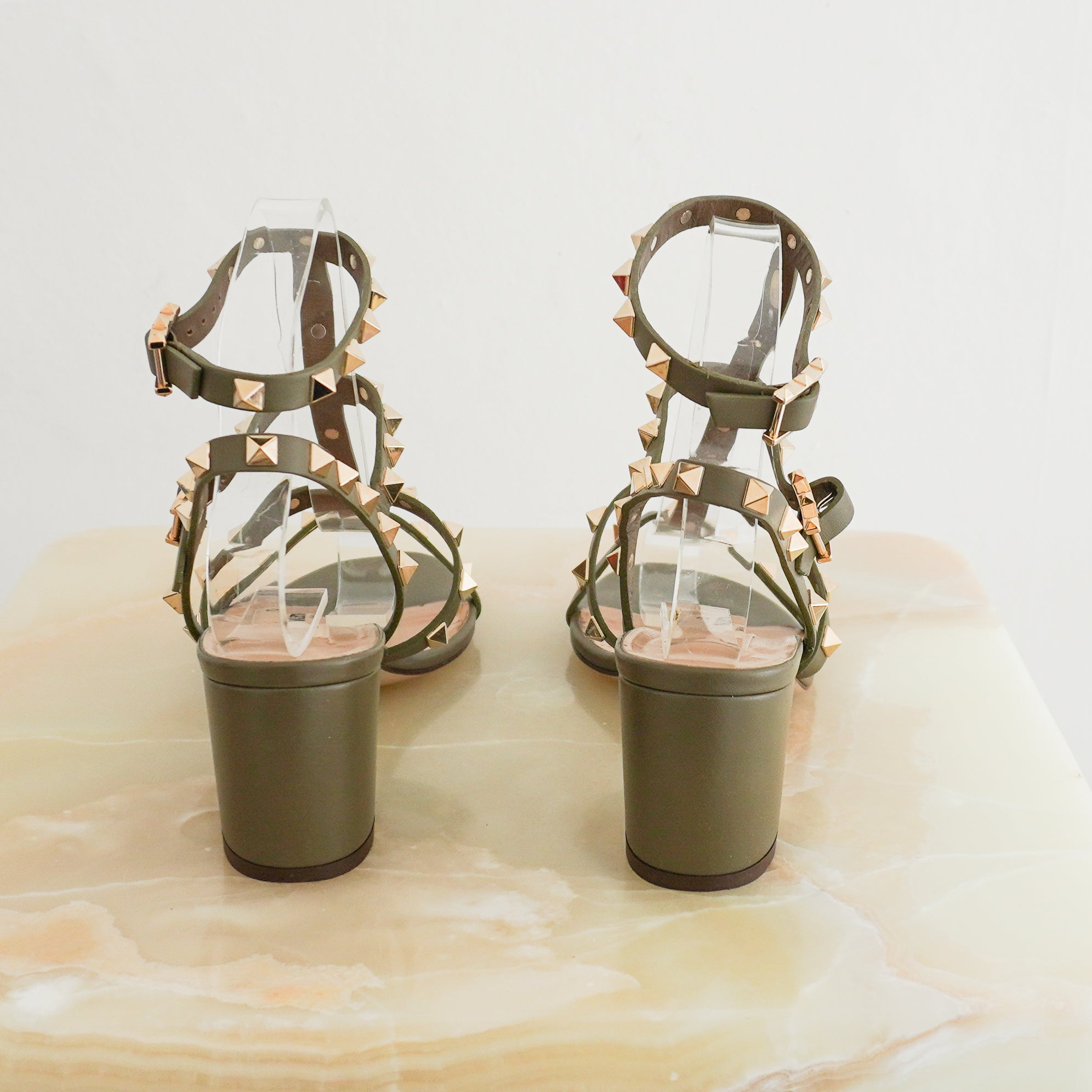 Valentino Rockstud Block Heels in Khaki back photo chelsea london