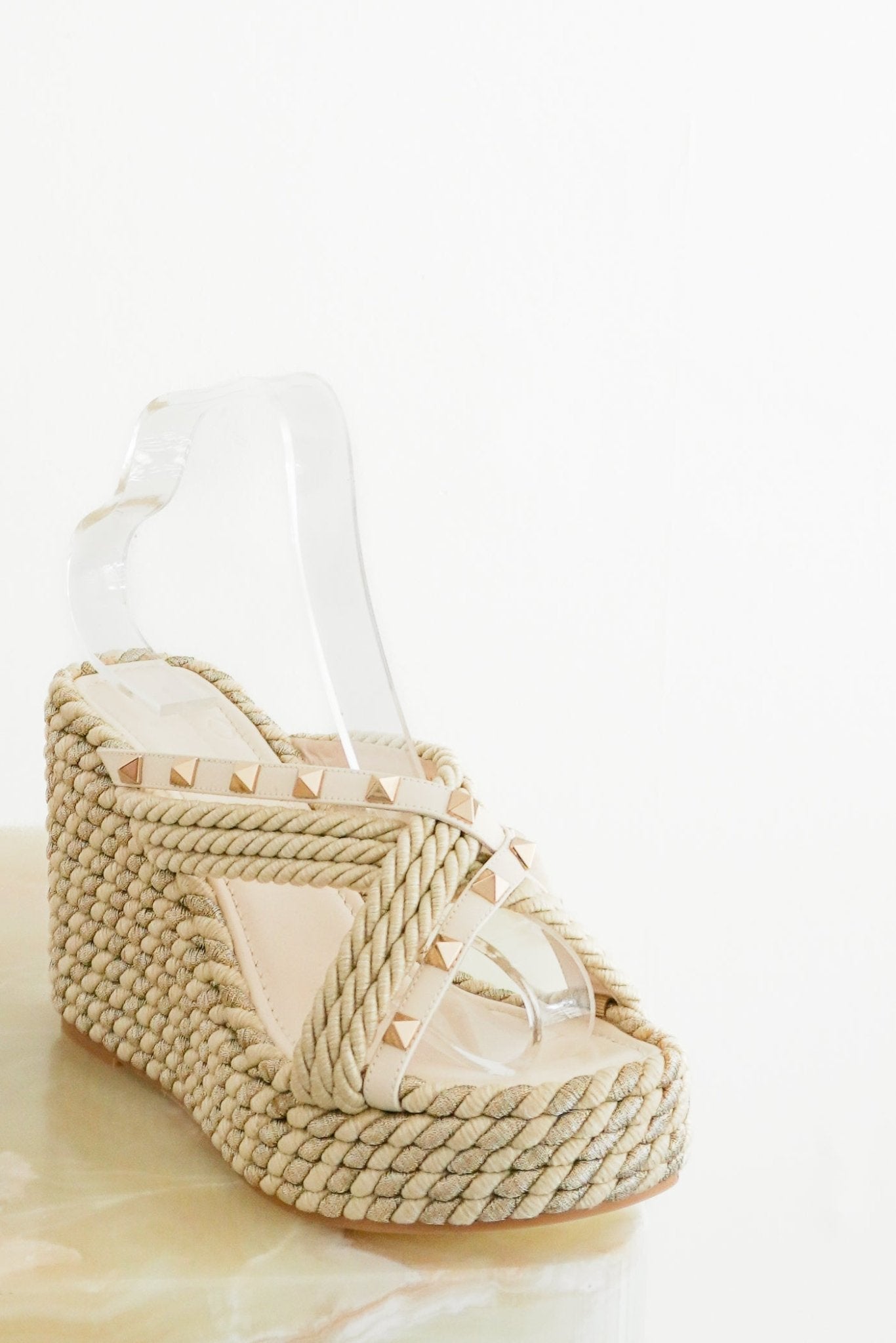 Valentino Rockstud Raffia Platform Wedge Sandals Cream & Metallic Thread RRP £800 | Authentic Preloved - Reloved Again