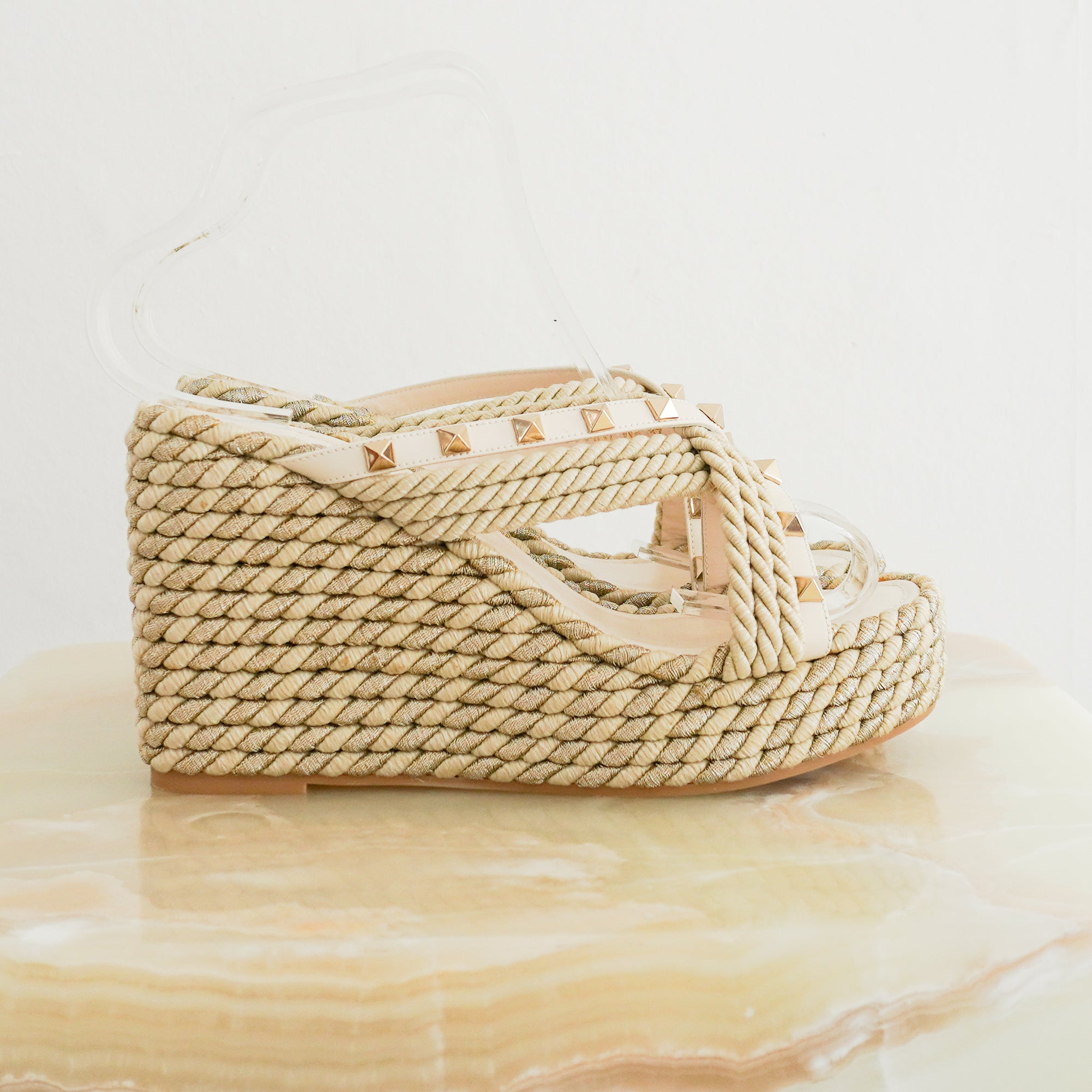 Valentino Rockstud Raffia Platform Wedge Sandals Cream & Metallic Thread side photo chelsea london