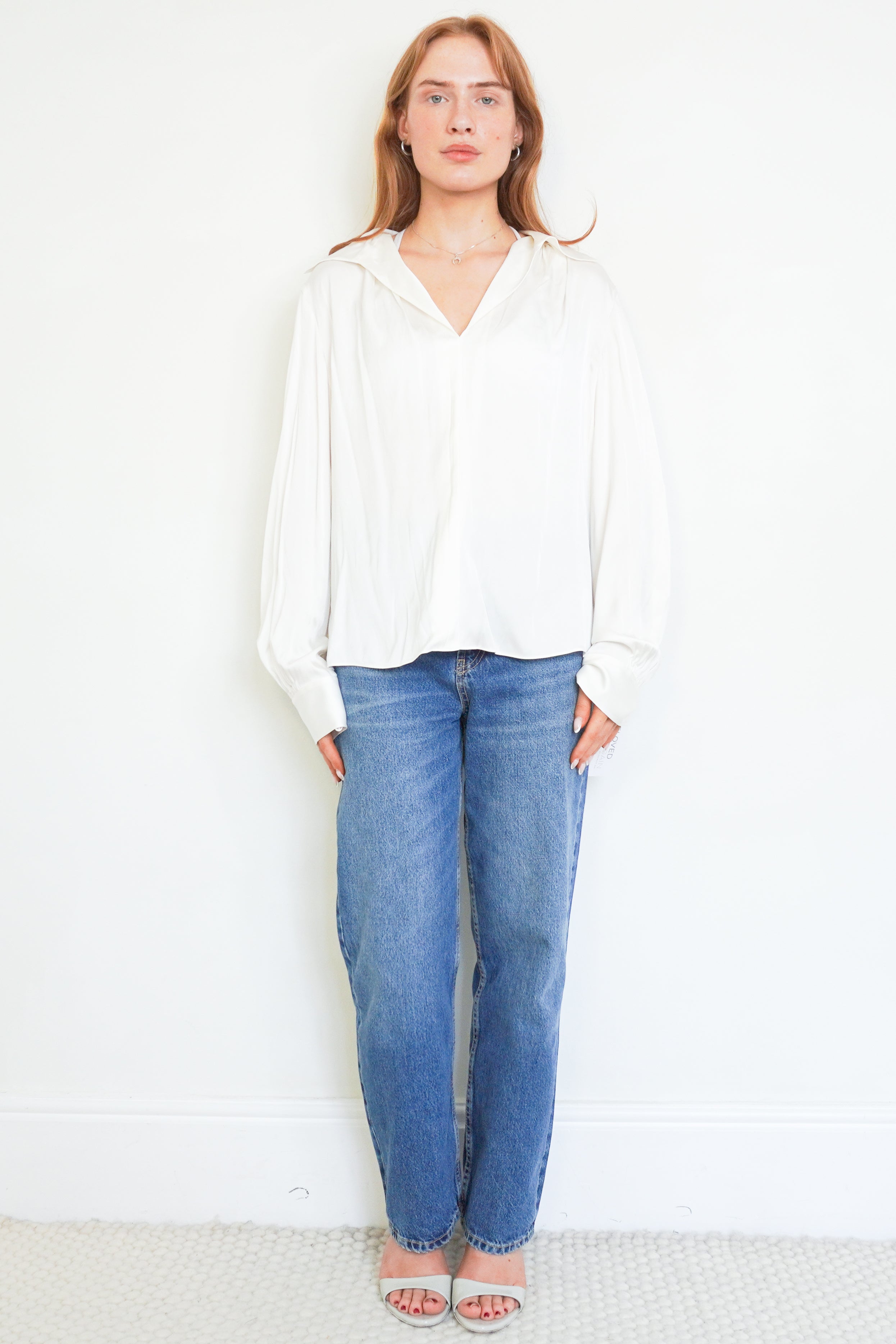 Vince White Satin V-Neck Blouse front photo chelsea london