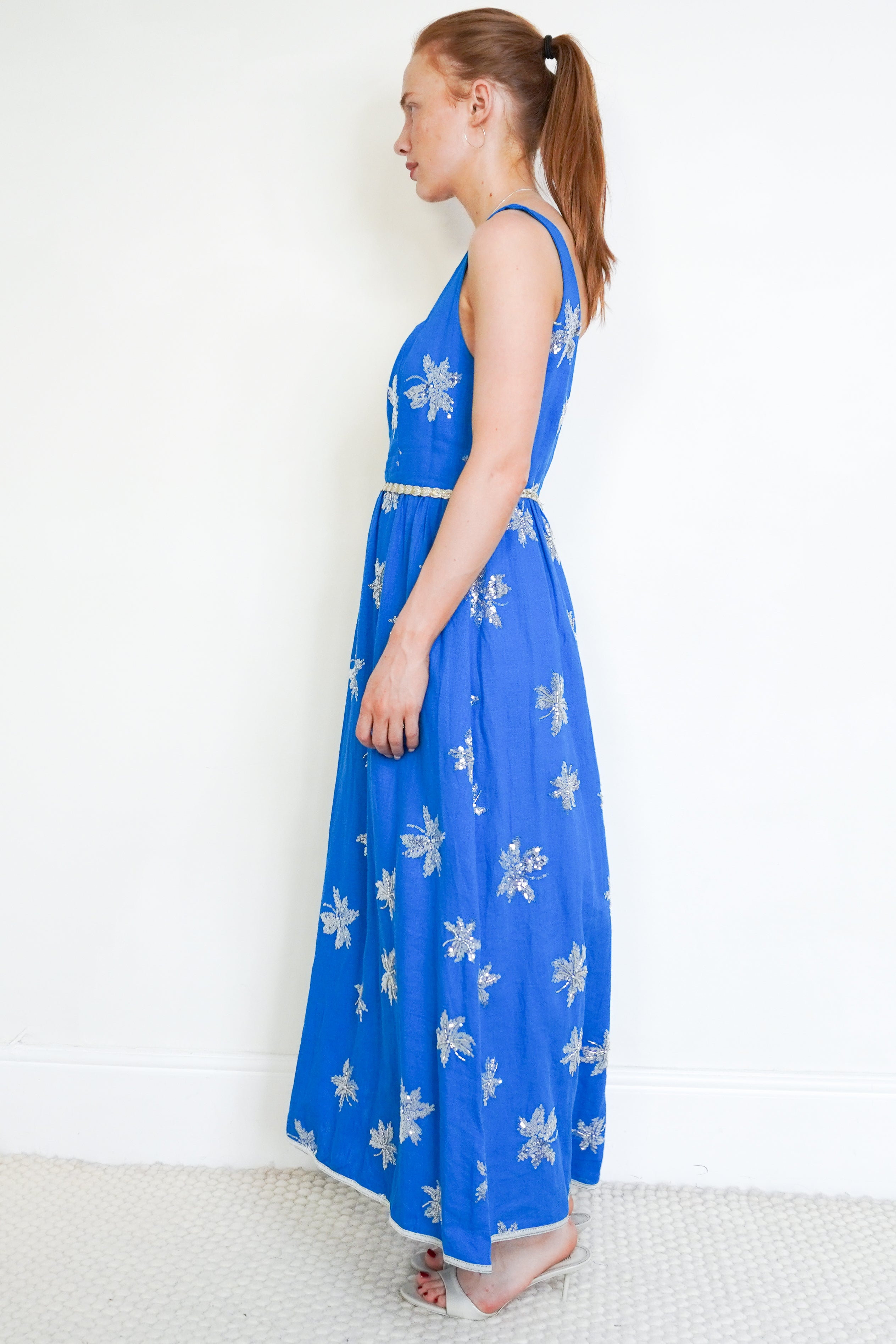 WAIMARI Blue Embroidered Dress side photo chelsea london