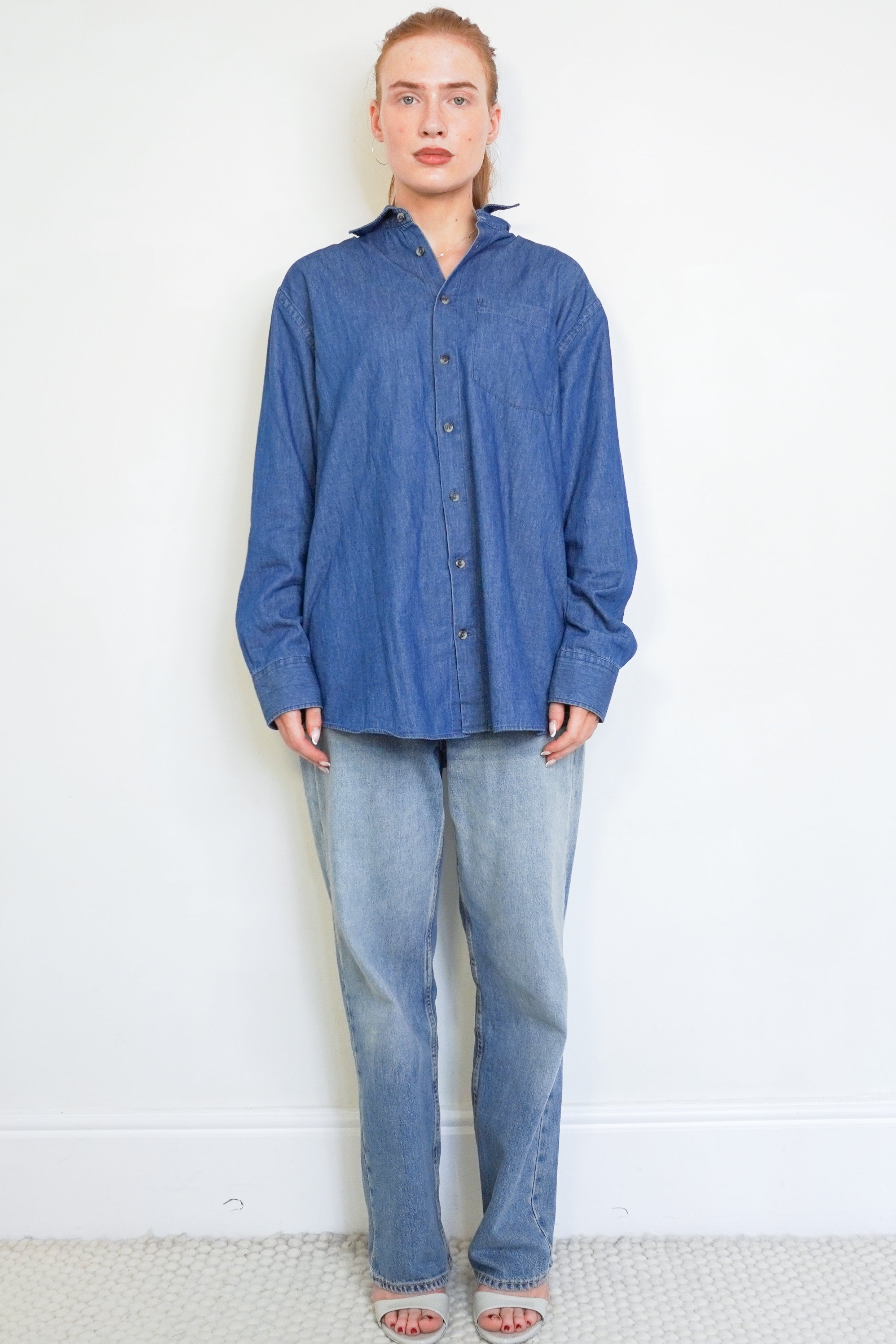 With Nothing Underneath The Oversized Chambray Shirt in Blue front photo chelsea london