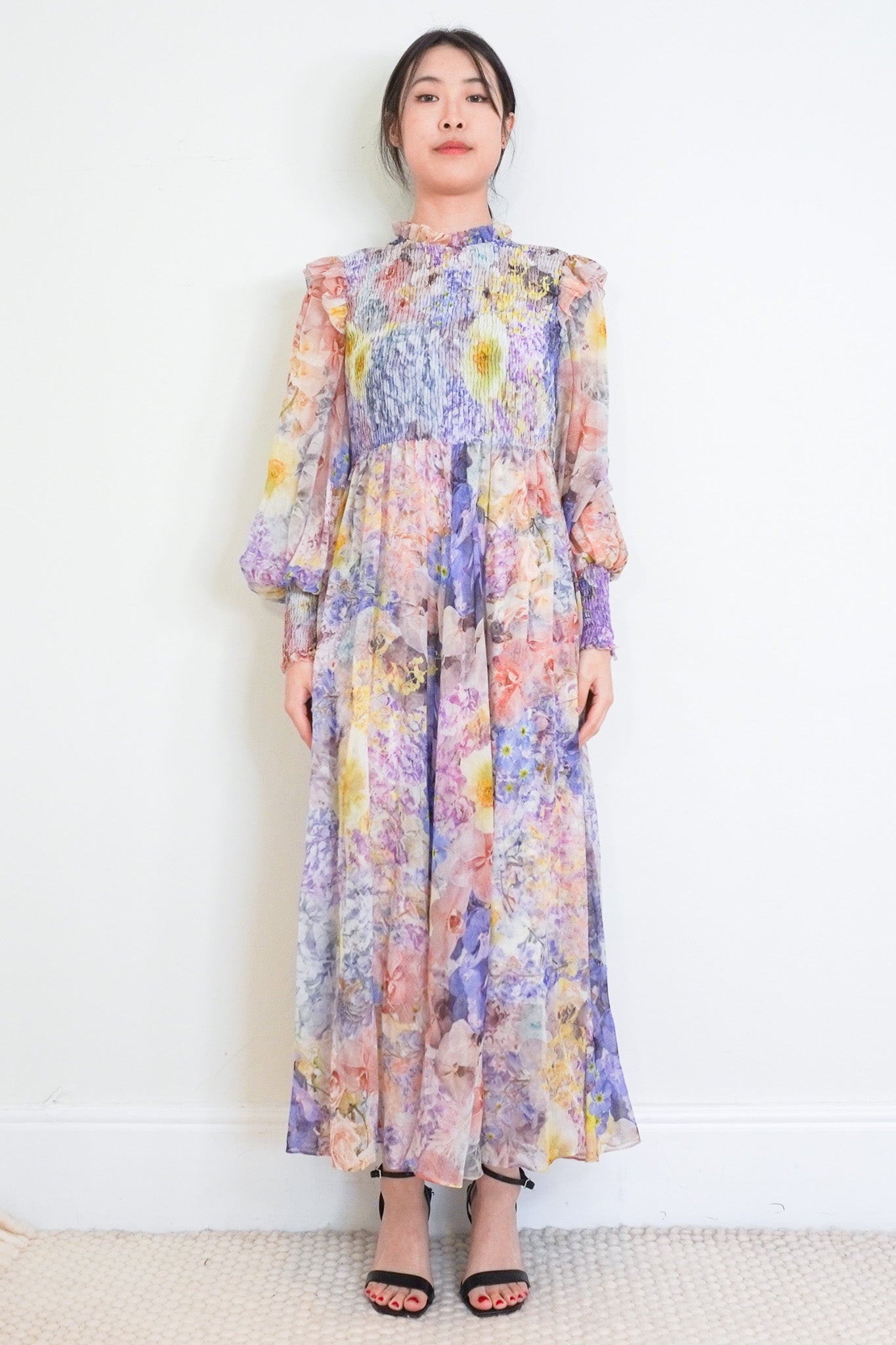 Zimmerman-Multicolour-Chiffon-Maxi-Dress-Bell-Sleeeves-front-picture-chelsea-london