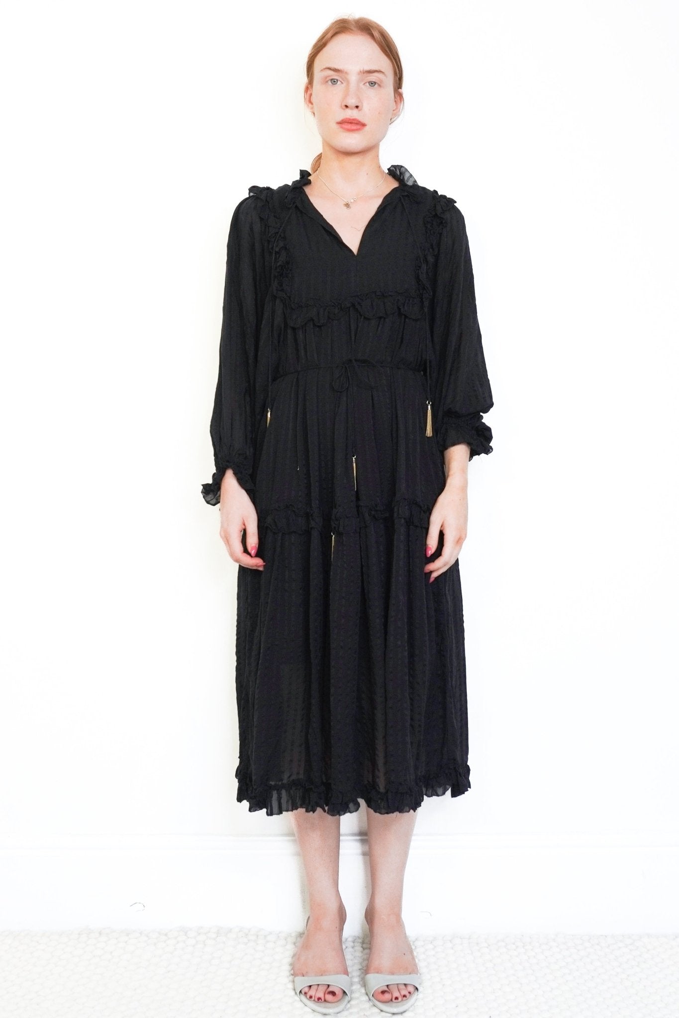 Zimmermann Black Silk Chiffon Ruffle Midi Dress (RRP £700) | Authentic & Preloved - Reloved Again