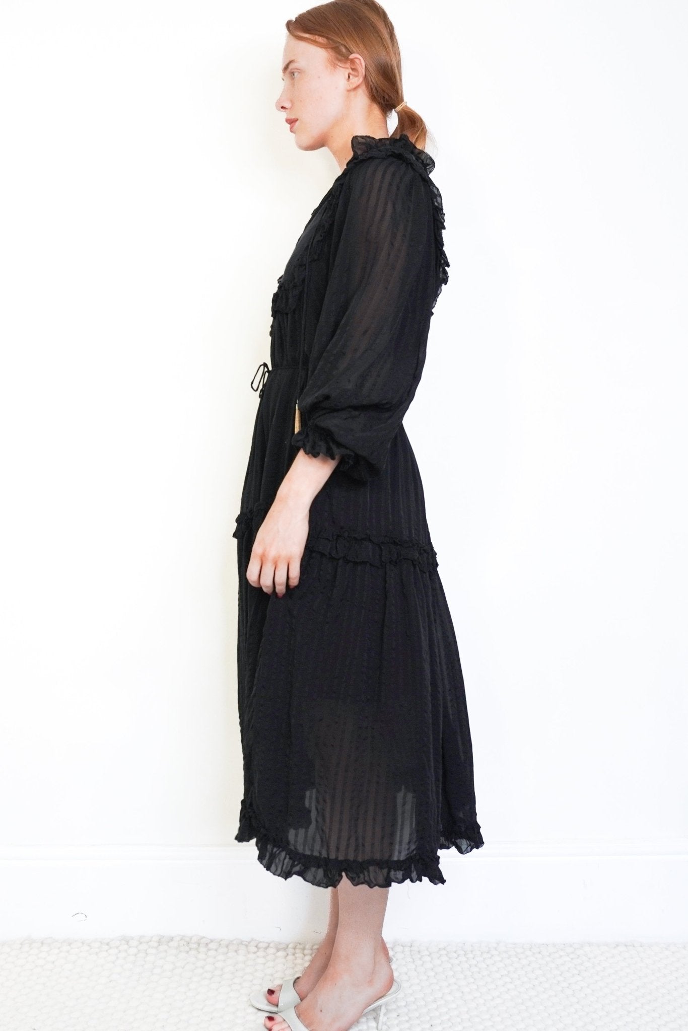 Zimmermann Black Silk Chiffon Ruffle Midi Dress (RRP £700) | Authentic & Preloved - Reloved Again