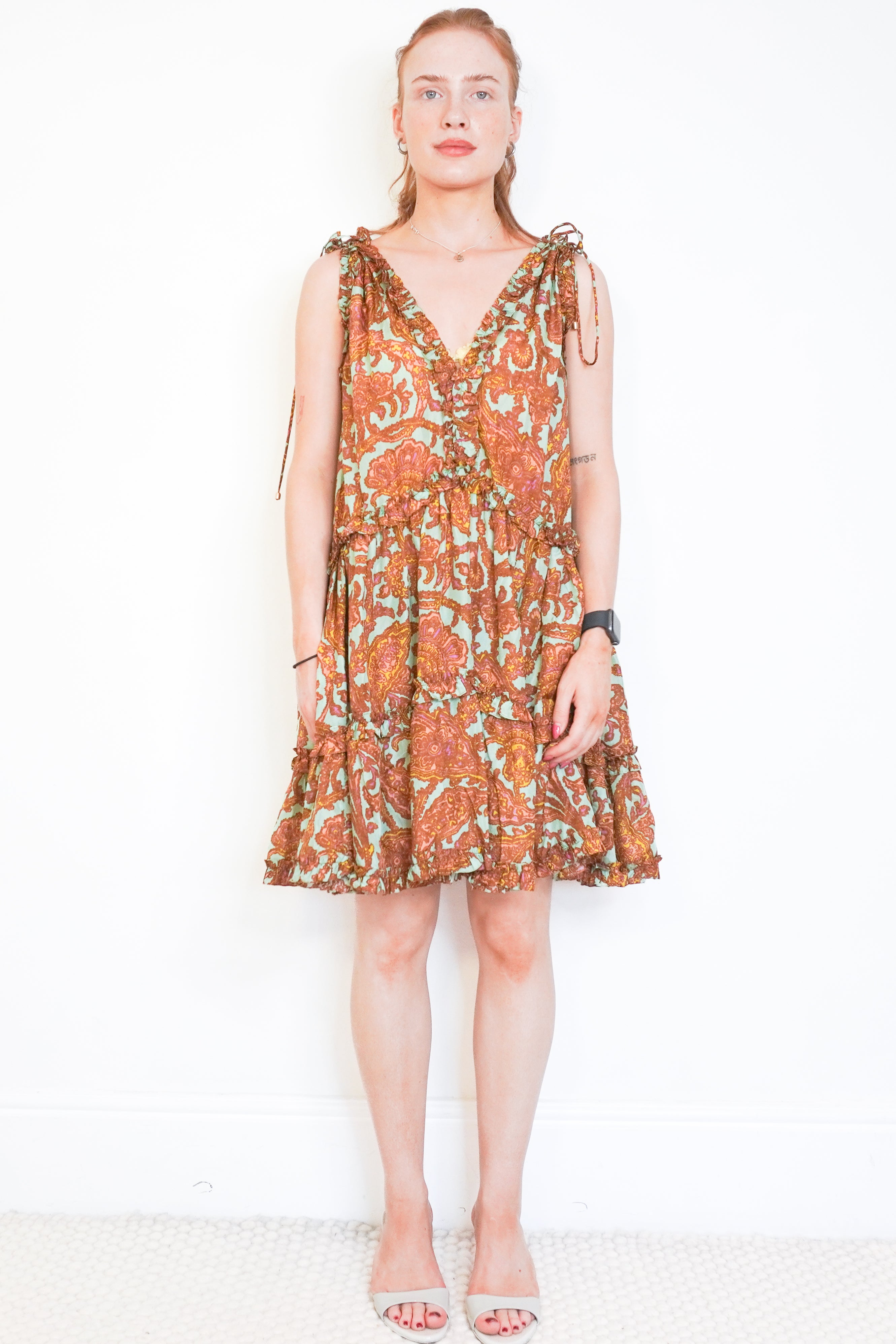 Zimmermann Brown Paisley Silk Tie Shoulder Mini Dress front photo chelsea london