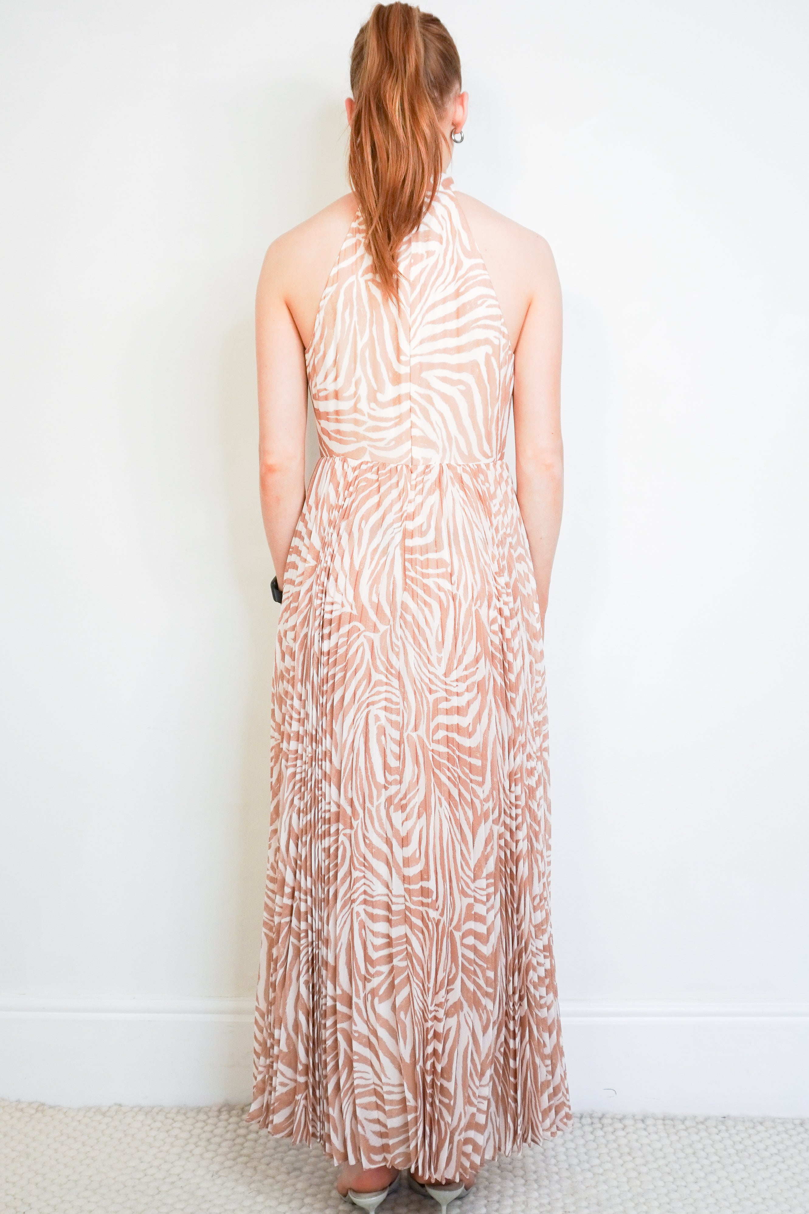 Zimmermann Brown Zebra Print Pleated Halter Maxi Dress back photo chelsea london